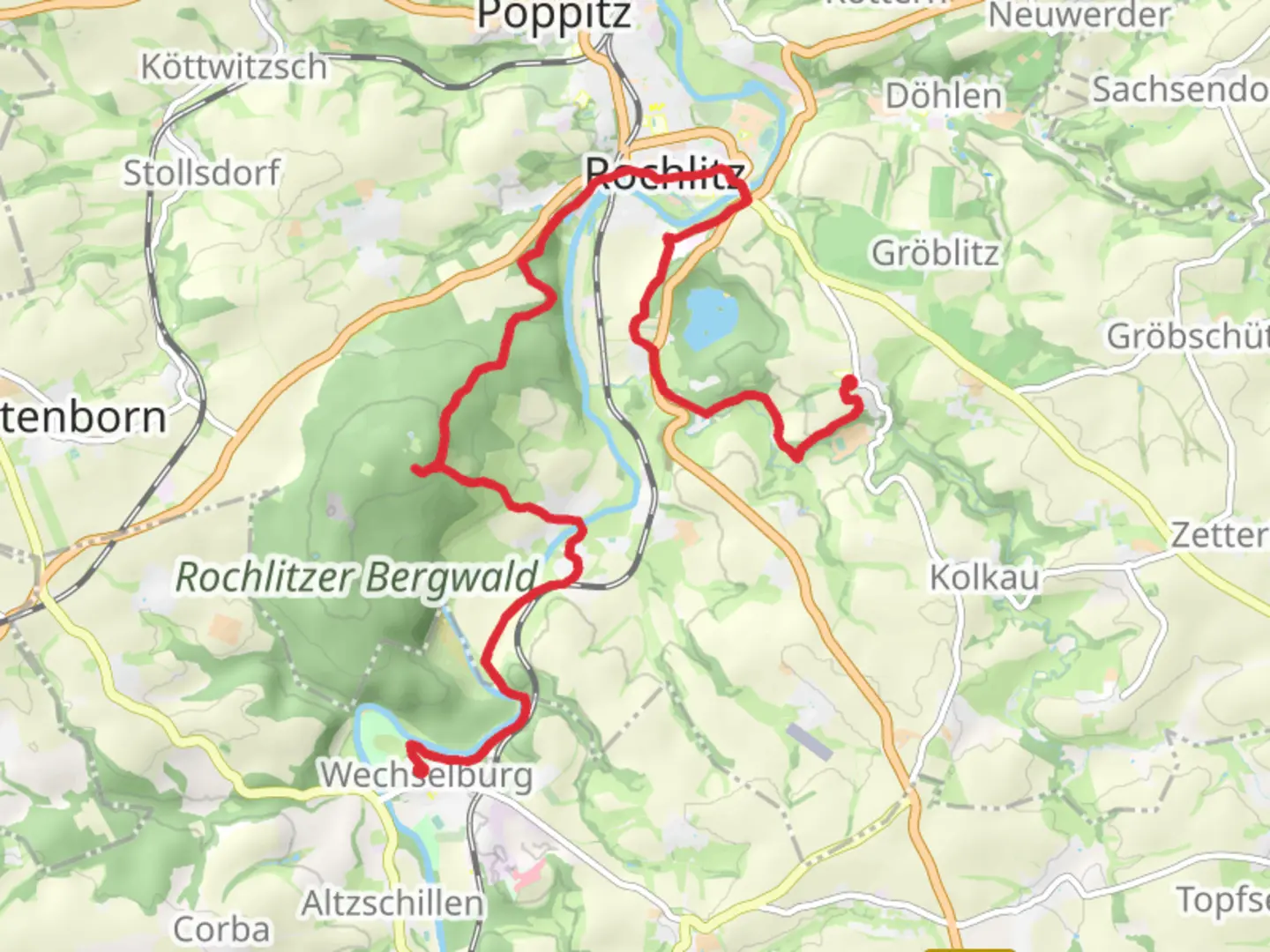 An image depicting the trail Seeliz to Wechselburg Via Porphyria and its surrounding area.