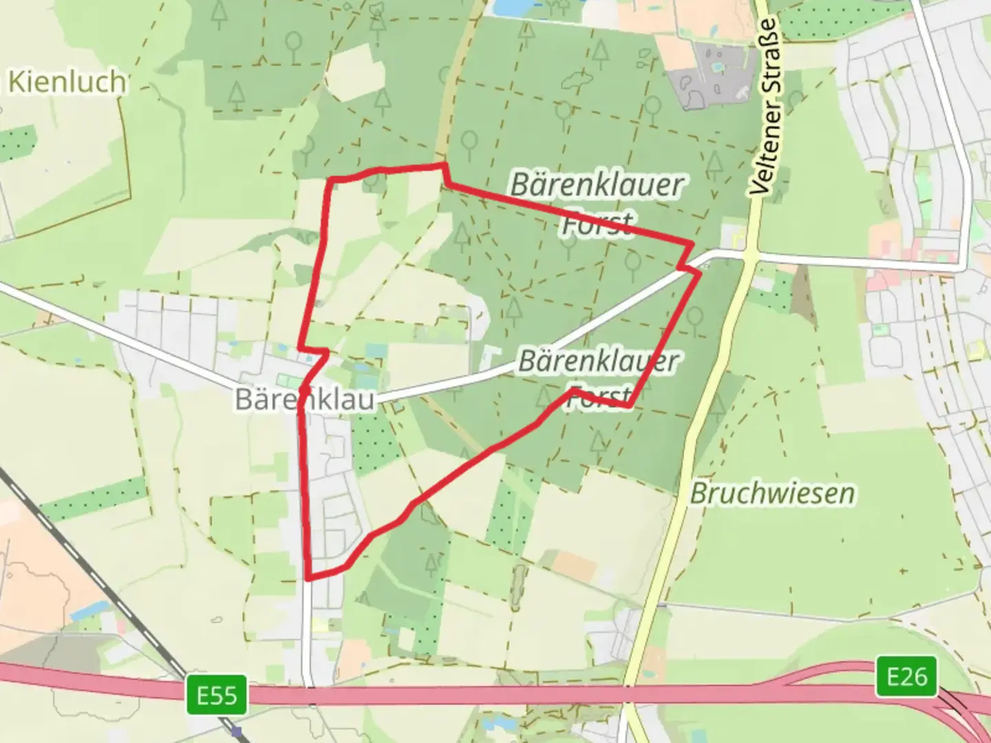 An image depicting the trail Bärenklau Loop via Wirus Forst and its surrounding area.