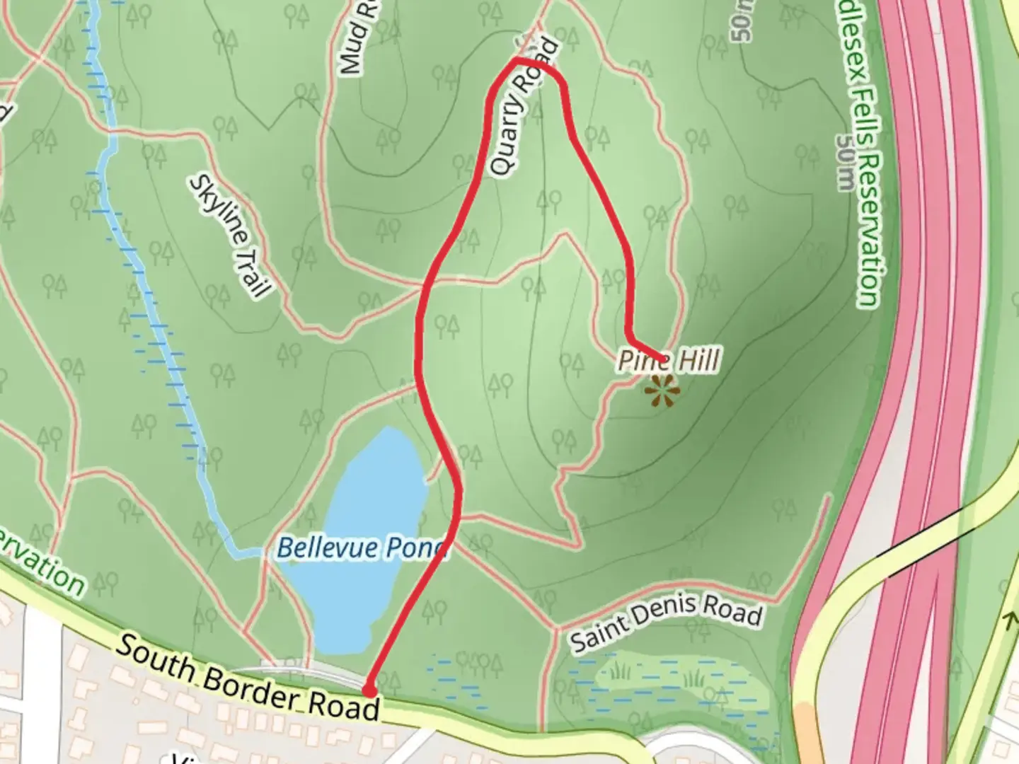 An image depicting the trail Pine Hill via Quarry Road and its surrounding area.