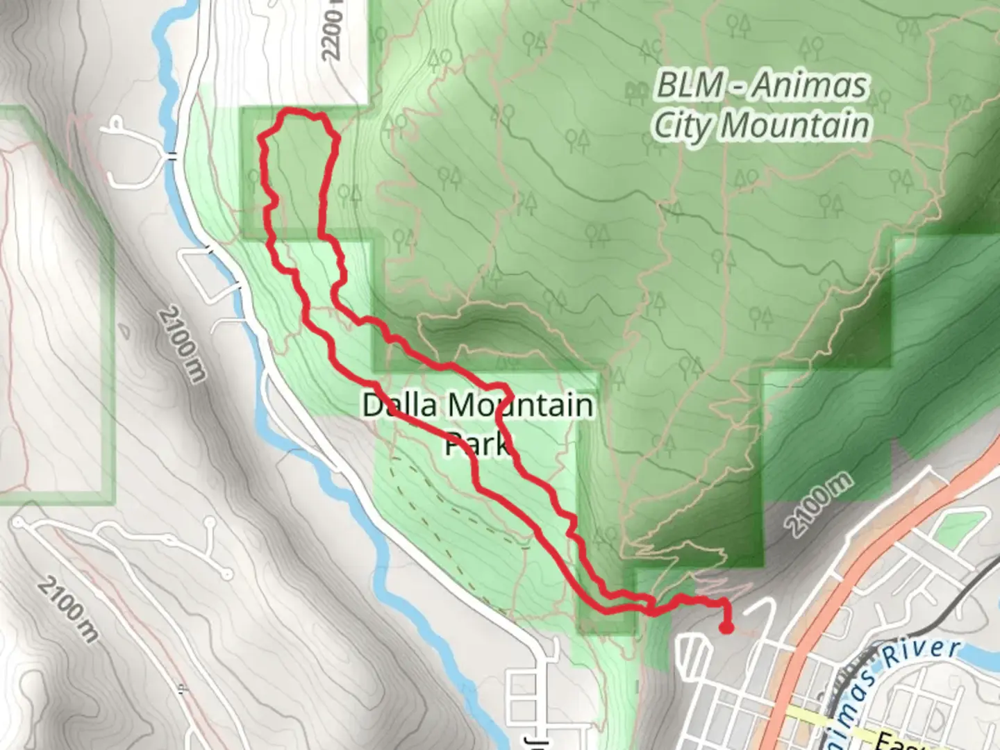 An image depicting the trail Lower Animas Mountain and Sailing Hawks Trail Loop and its surrounding area.
