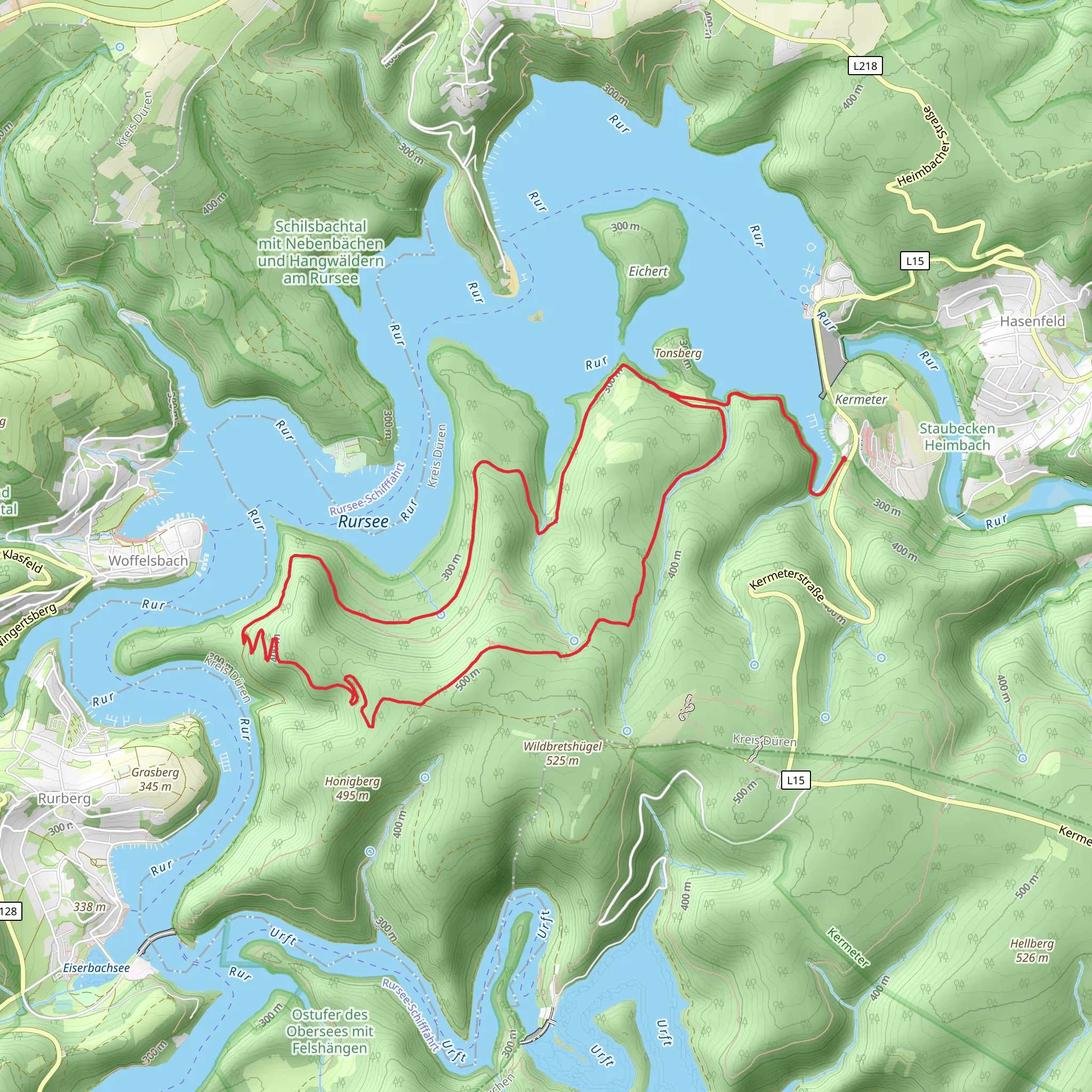 Rur Reservoir via Wanderweg and Bachtaeler Hoehenroute mobile static map