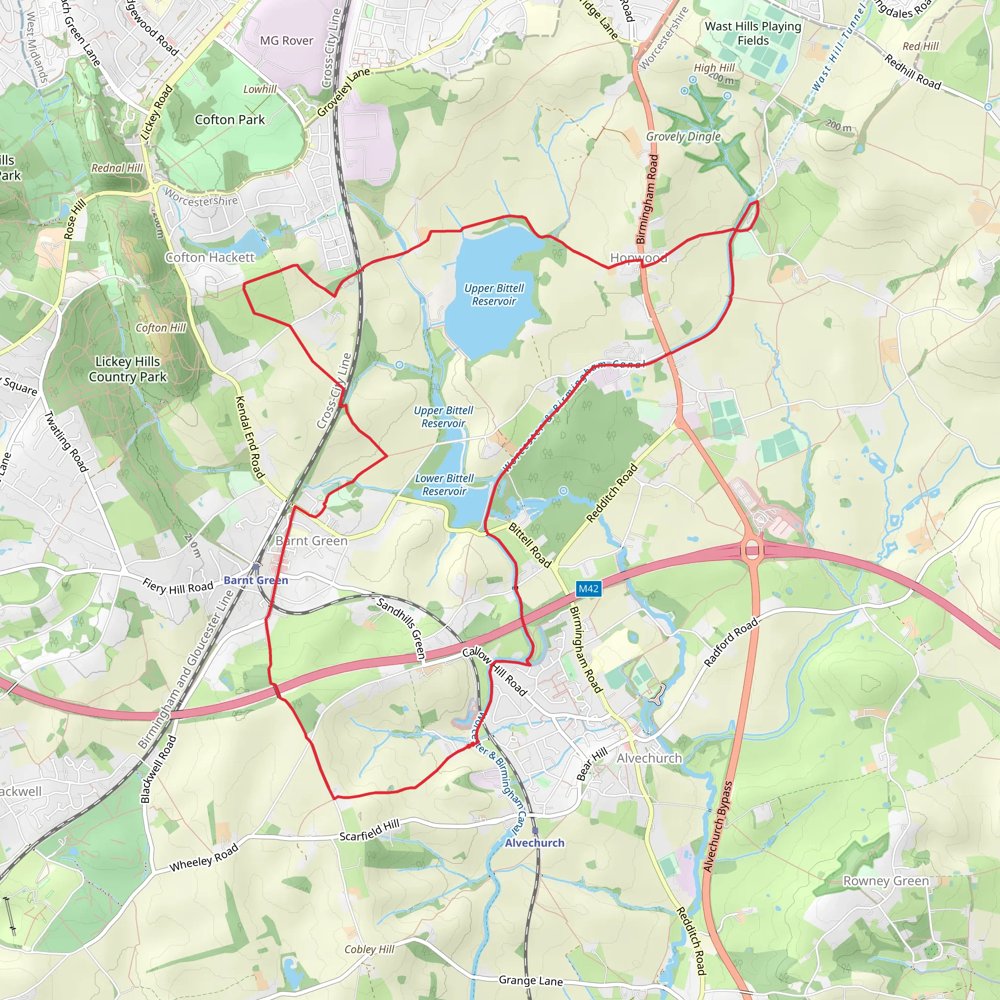 Lower Bitell Reservoir, Upper Bittell Reservoir and Barnt Green Country Park Loop mobile static map