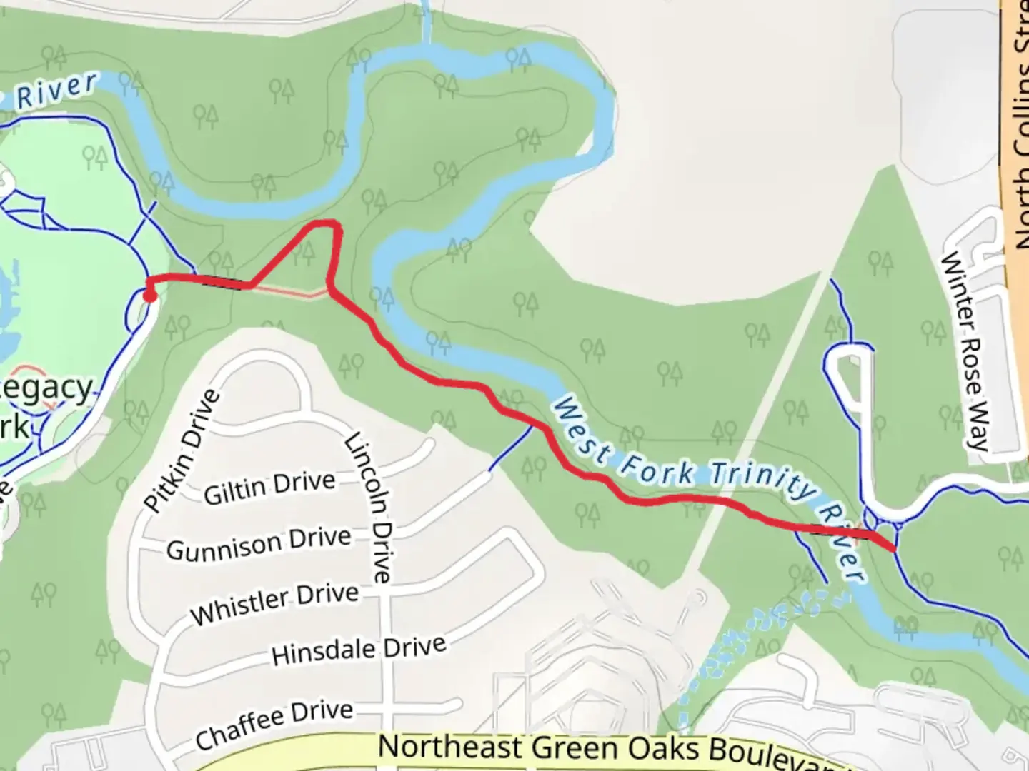 An image depicting the trail River Legacy Trail East and its surrounding area.