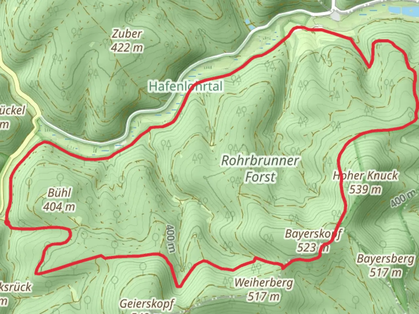 An image depicting the trail Rohrbrunner Forst Loop and its surrounding area.