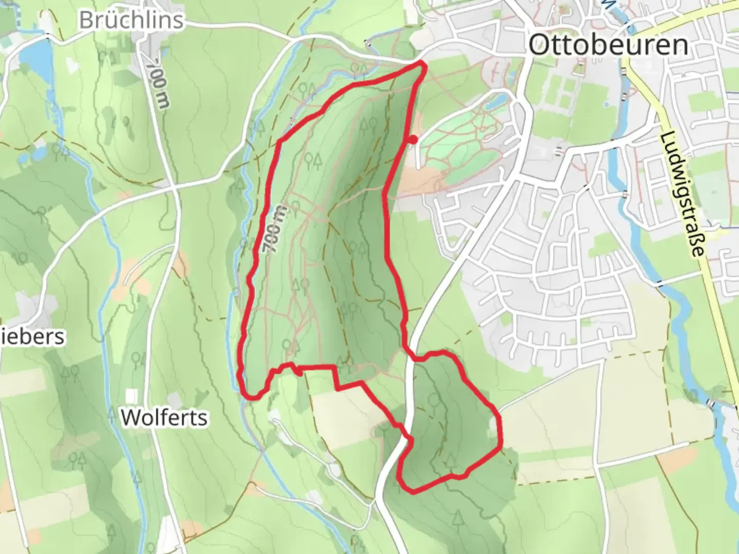 An image depicting the trail Volkssternwarte and Wassertretanlage Loop via Terrainweg I and its surrounding area.