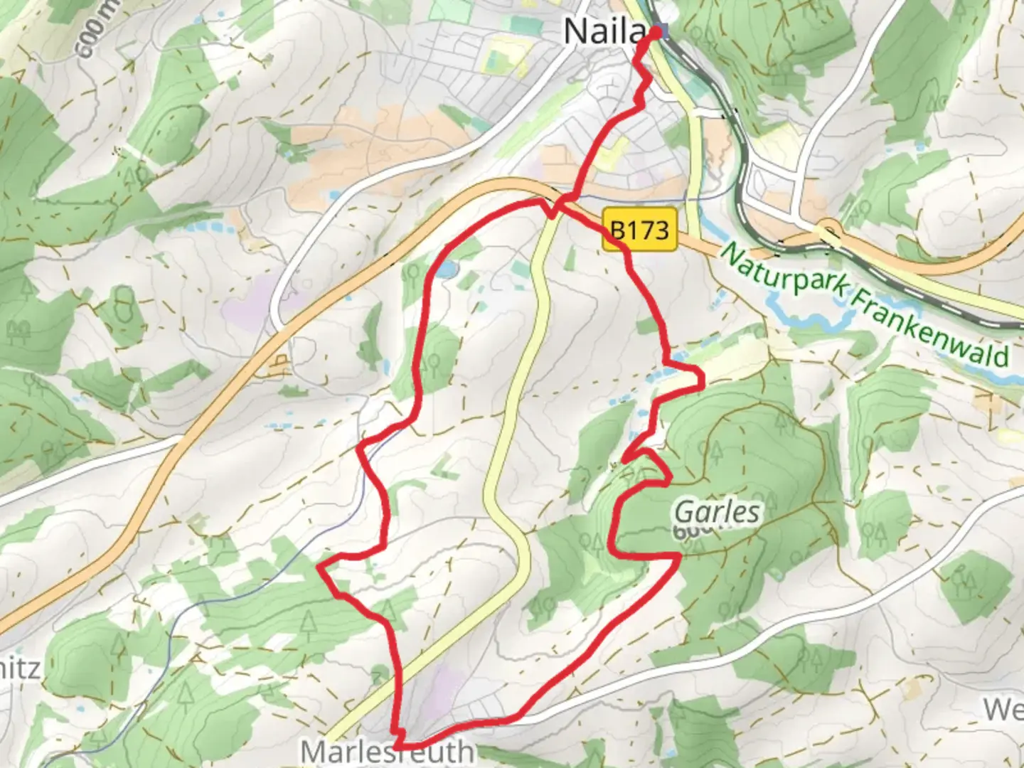 An image depicting the trail Garles Weg OS 43 and its surrounding area.