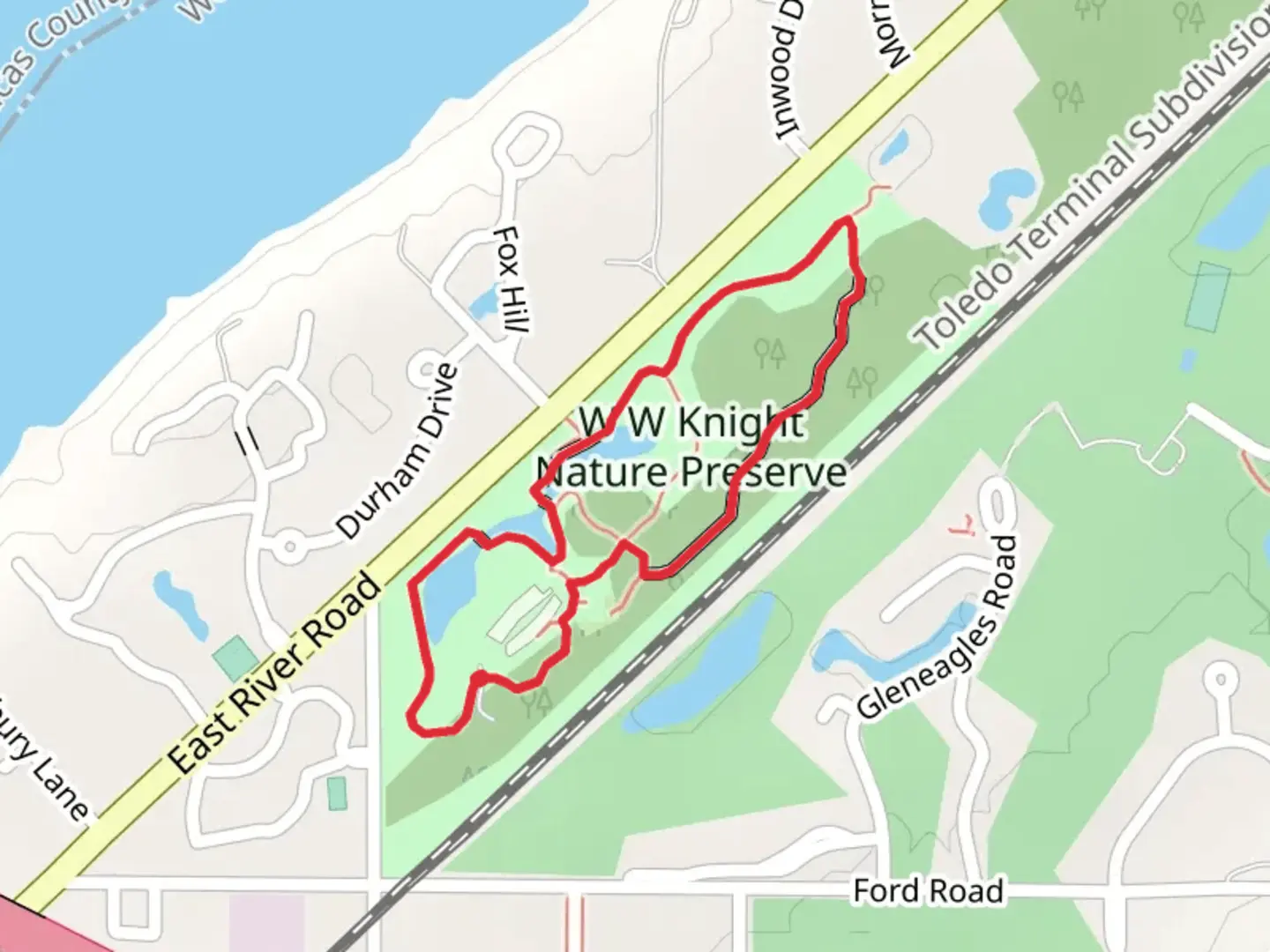 An image depicting the trail WW Knight Nature Preserve Loop and its surrounding area.