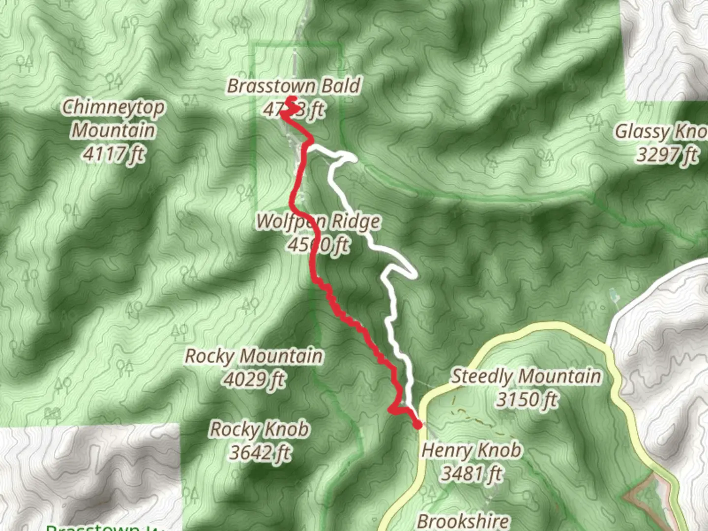 An image depicting the trail Wolfpen Ridge and Brasstown Bald via Jacks Knob and its surrounding area.