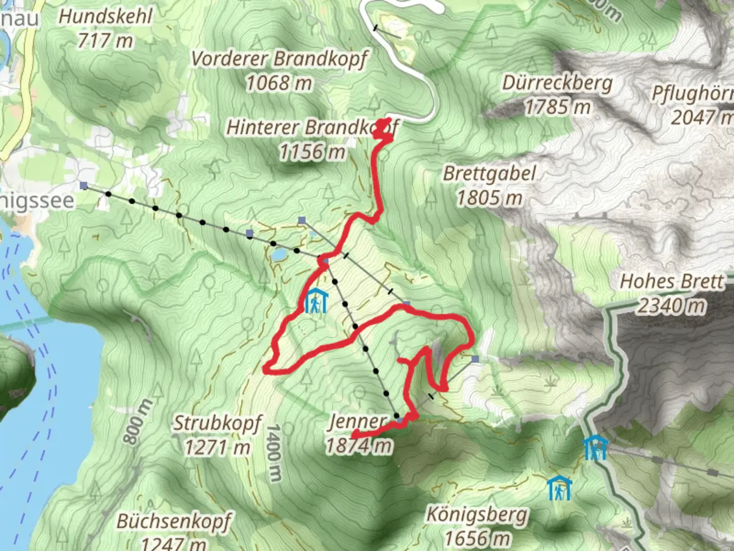 An image depicting the trail Halbzeit, Wasserfallalm, Vogelstein and Jenner Walk and its surrounding area.