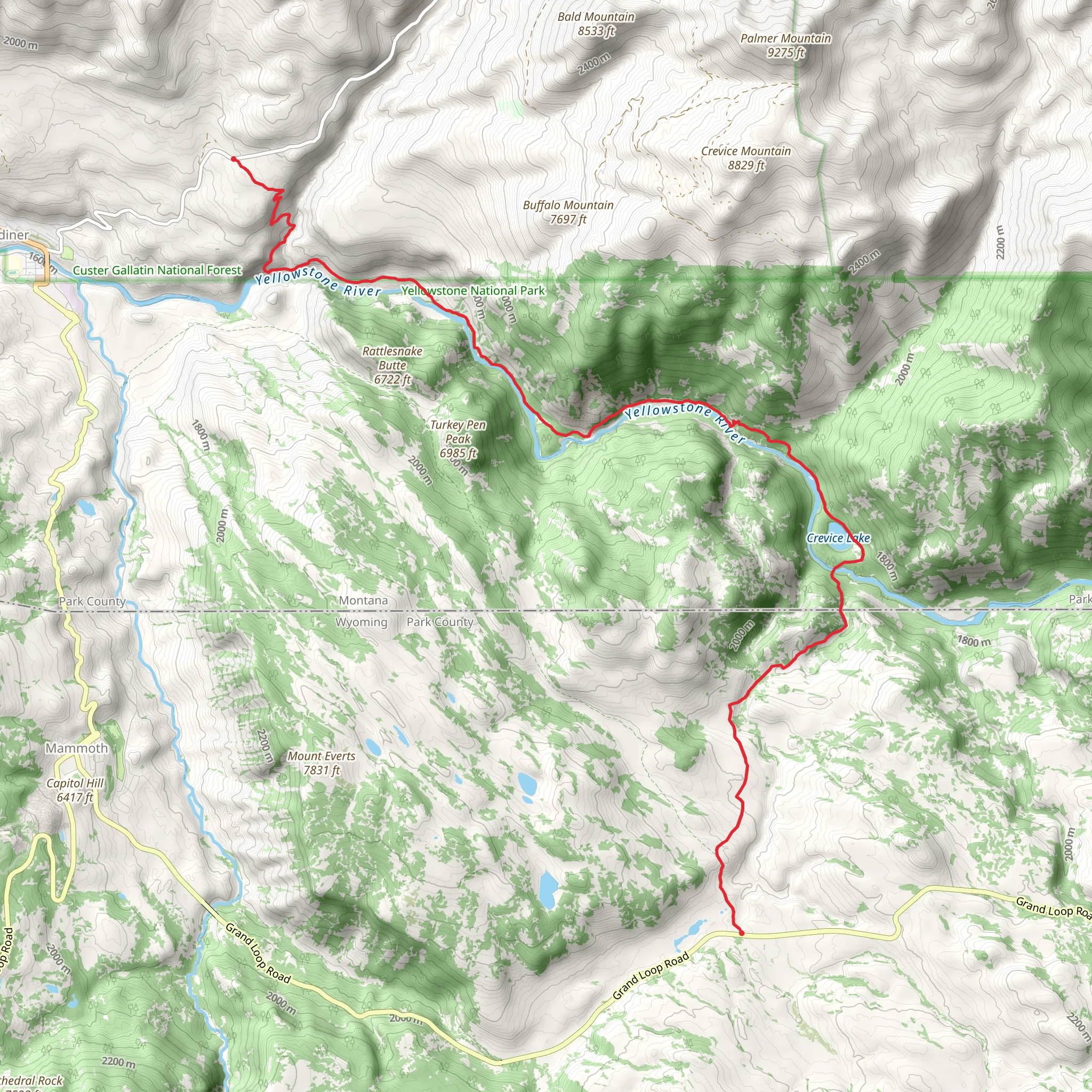 Blacktail Deer Creek, Crevice Lake and Yellowstone River Trail mobile static map