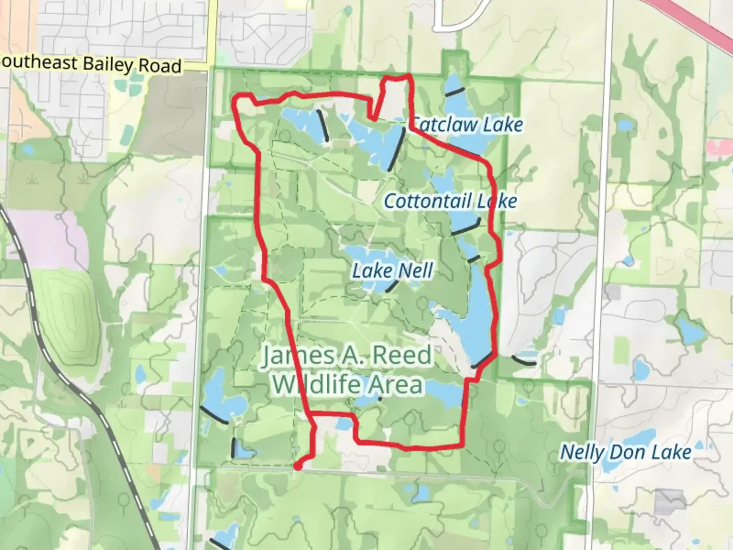 An image depicting the trail Plover Lake, Jackrabbit Lake, Cottontail Lake and Bodarc Lake Loop and its surrounding area.