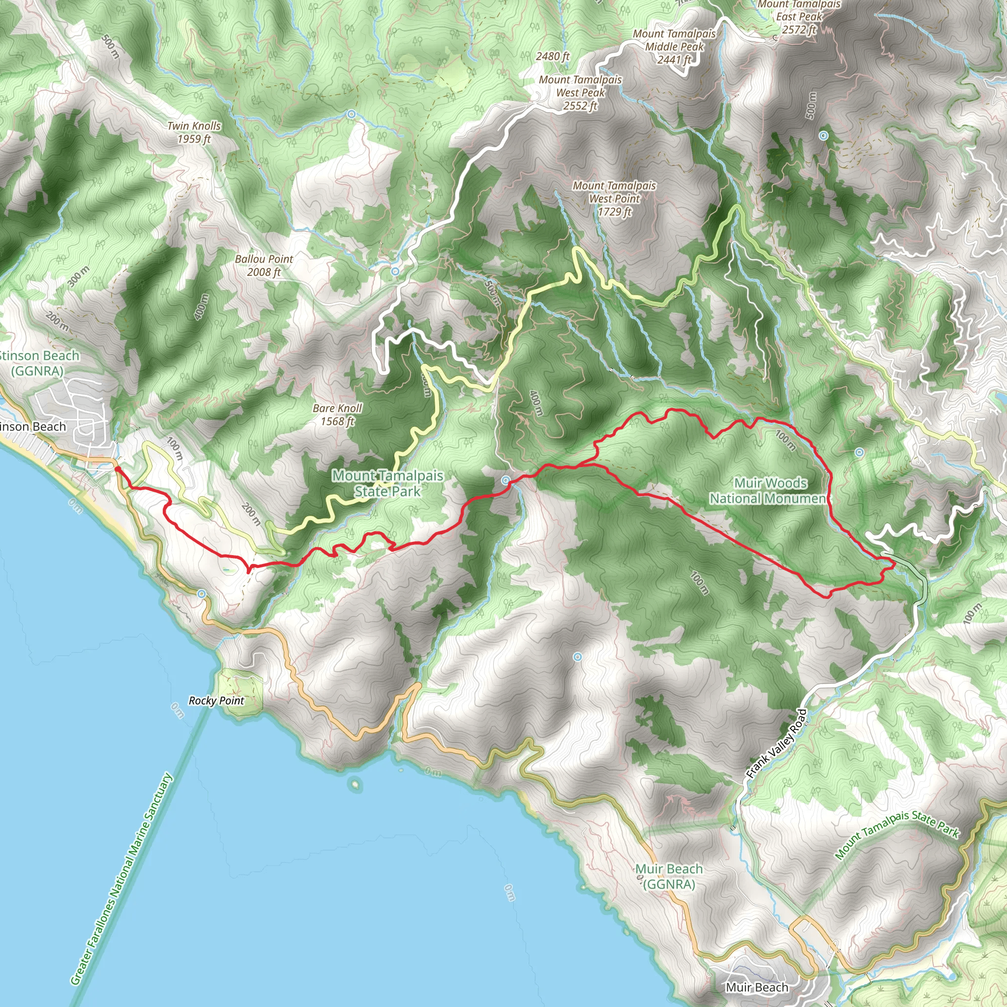 Dipsea to Ben Johnson Trail Loop via Stinson Beach mobile static map