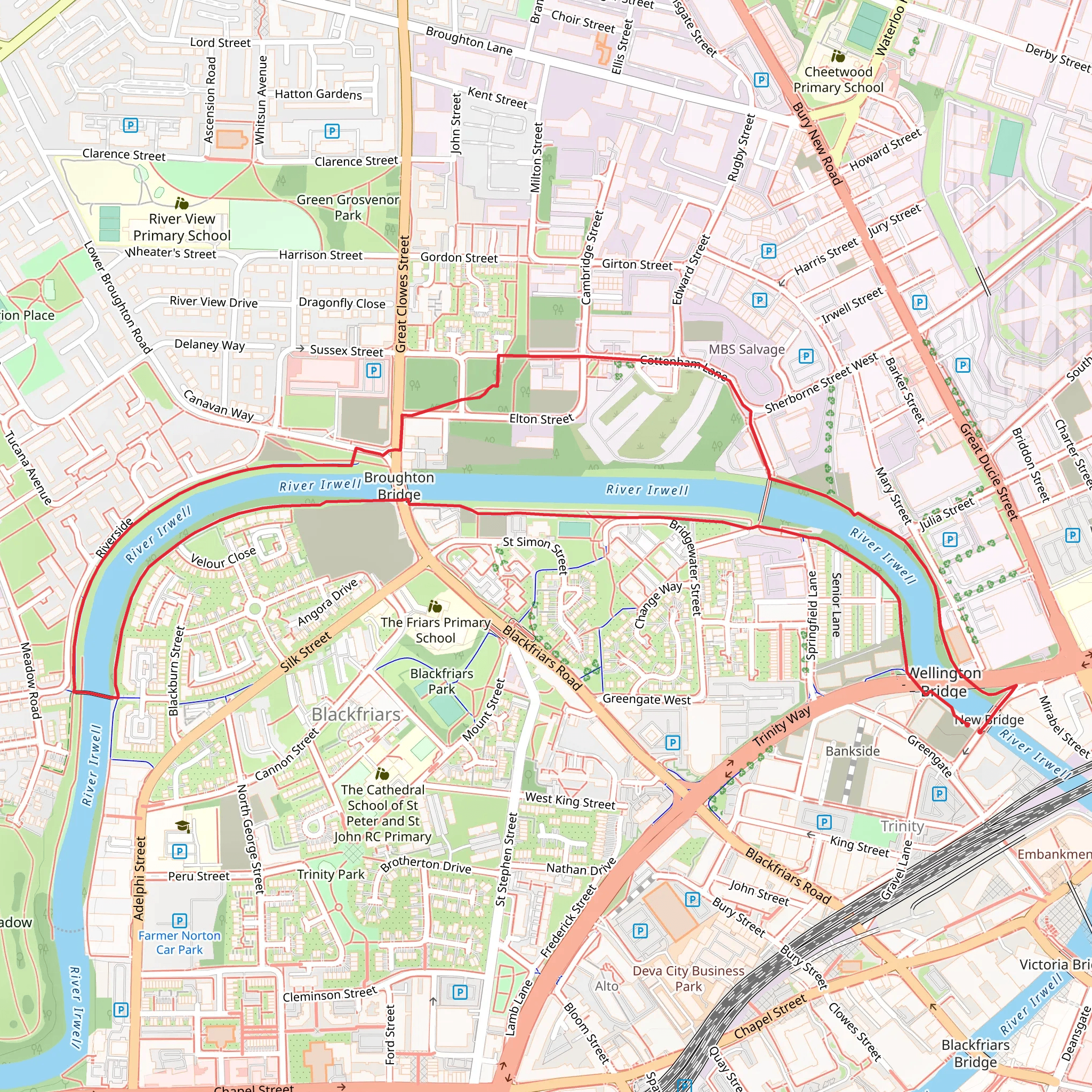 River Irwell and Adelphi Footbridge via The Salford Trail mobile static map
