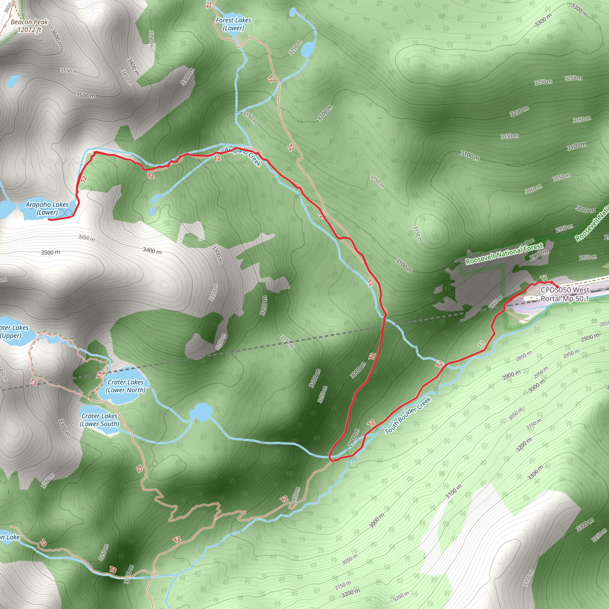 Arapaho Lakes via South Boulder Creek Trail mobile static map