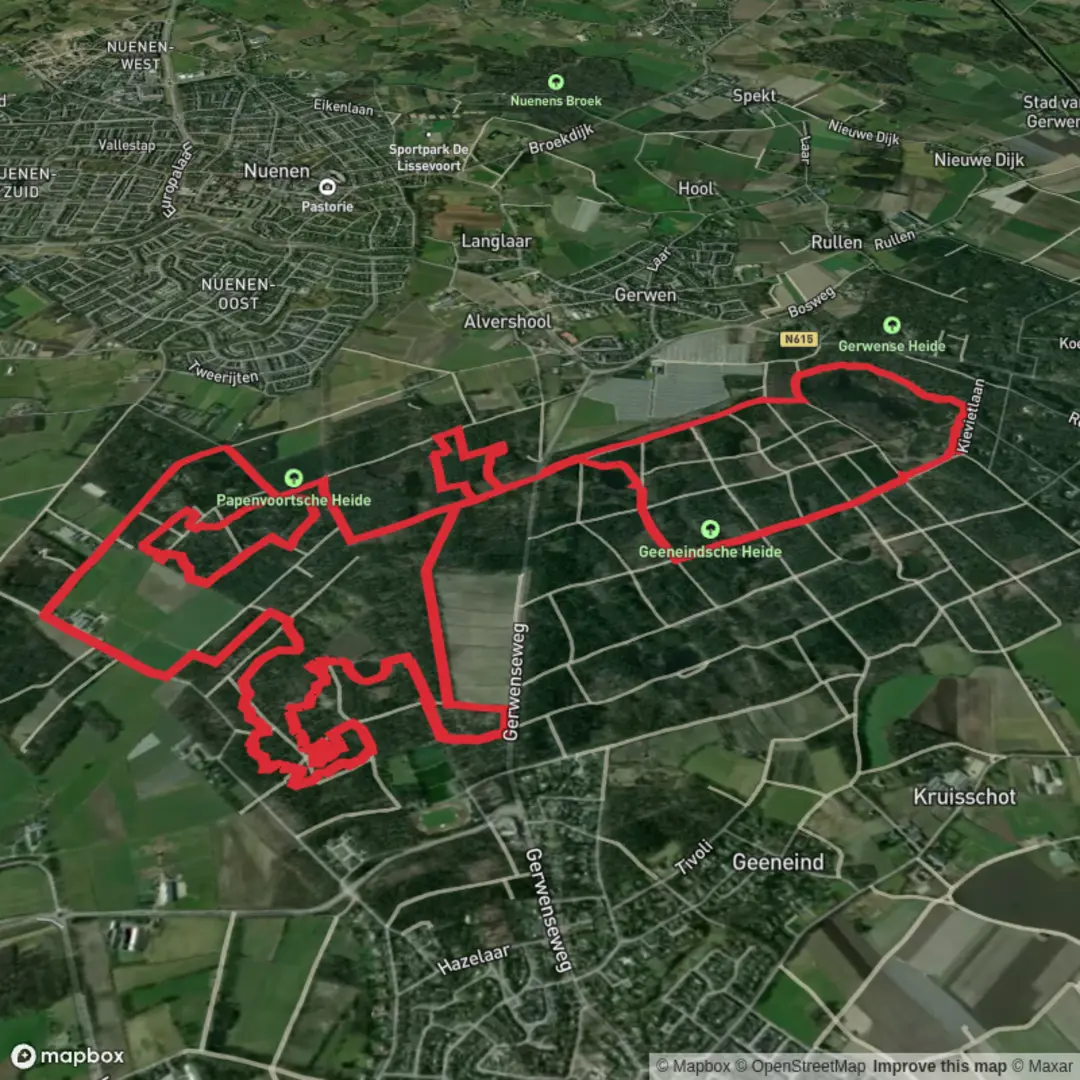 An image depicting the trail Geeneindsche, Papenvoortsche Heide and Zandbergen Loop and its surrounding area.