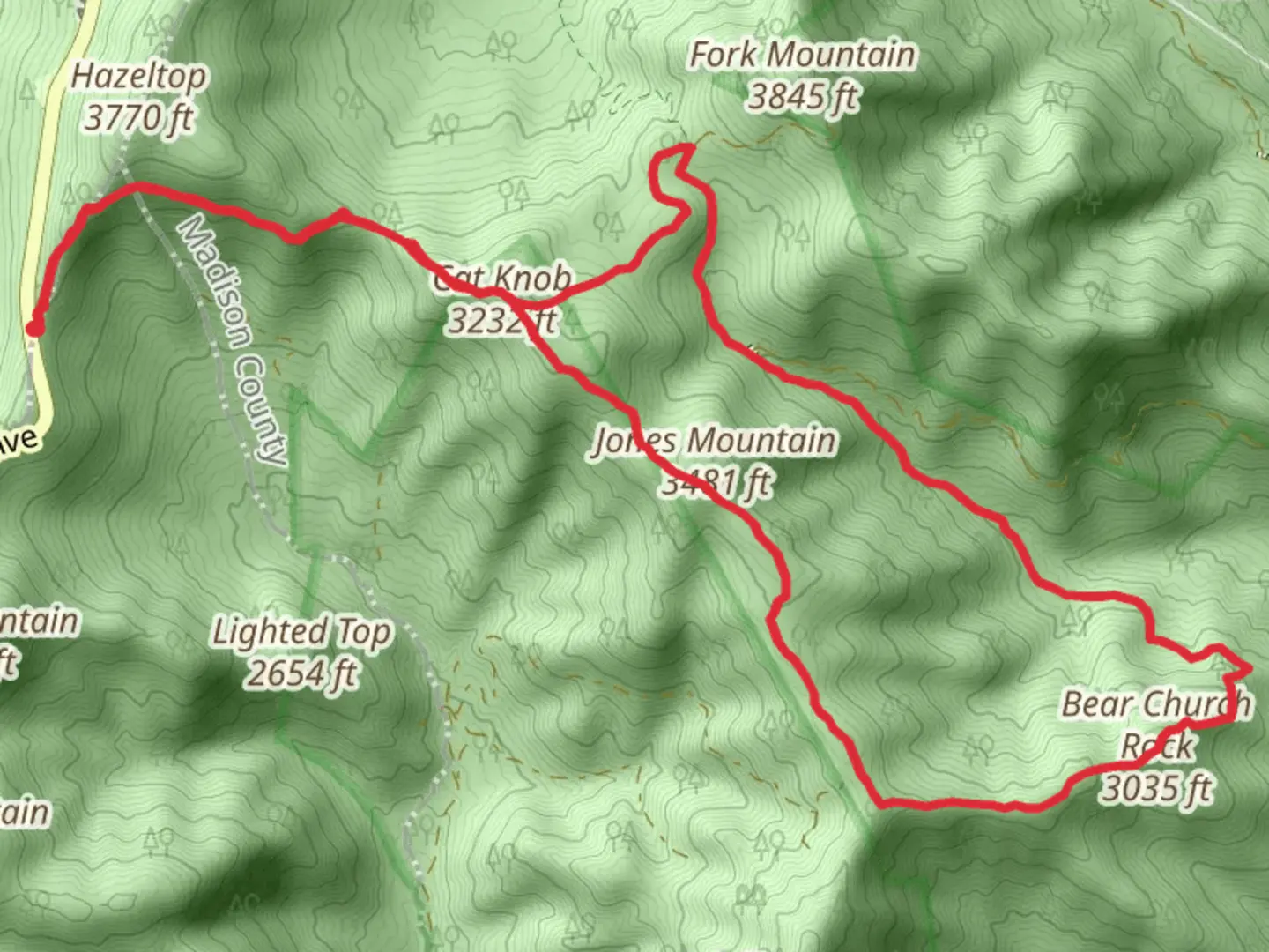 An image depicting the trail Cat Knob, Bear Church Rock and Jones Mountain Loop Trail and its surrounding area.