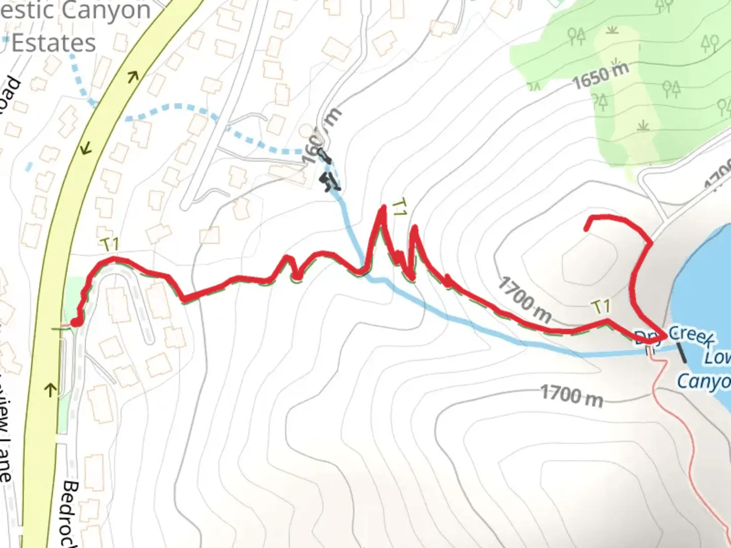 An image depicting the trail Lower Bells Canyon Reservoir and its surrounding area.