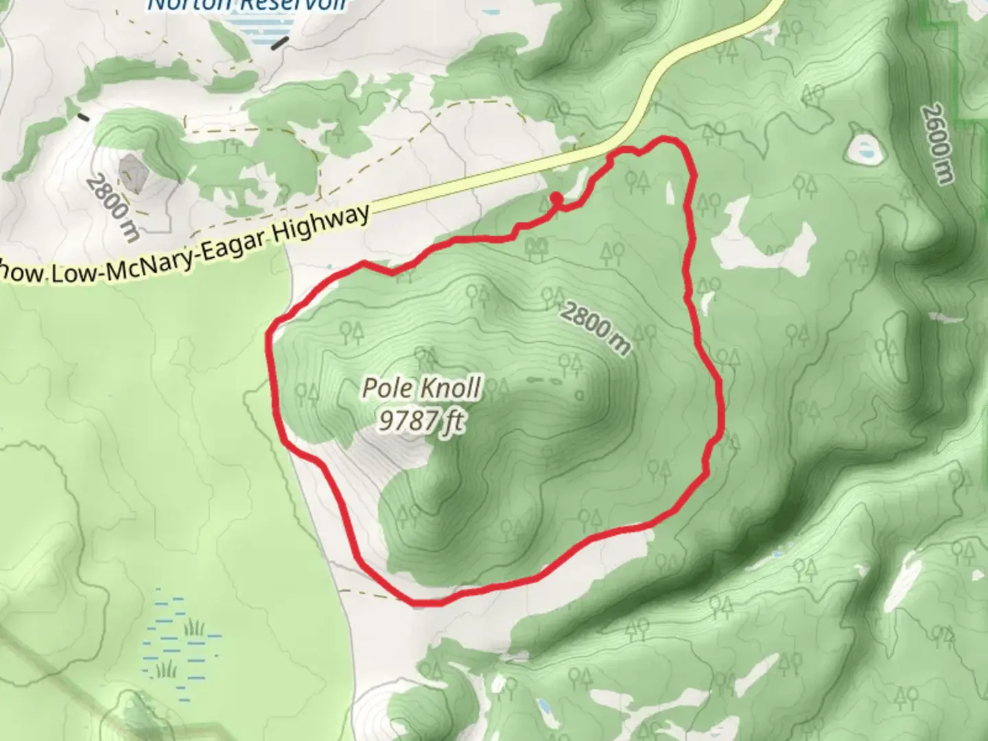 An image depicting the trail Loop around Pole Knoll and its surrounding area.