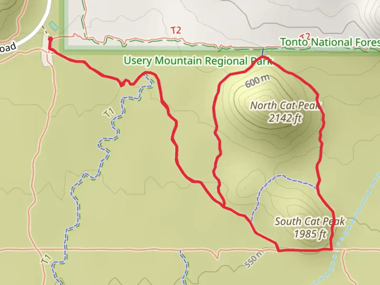 An image depicting the trail Blevins Trail and Cat's Peaks Loop and its surrounding area.