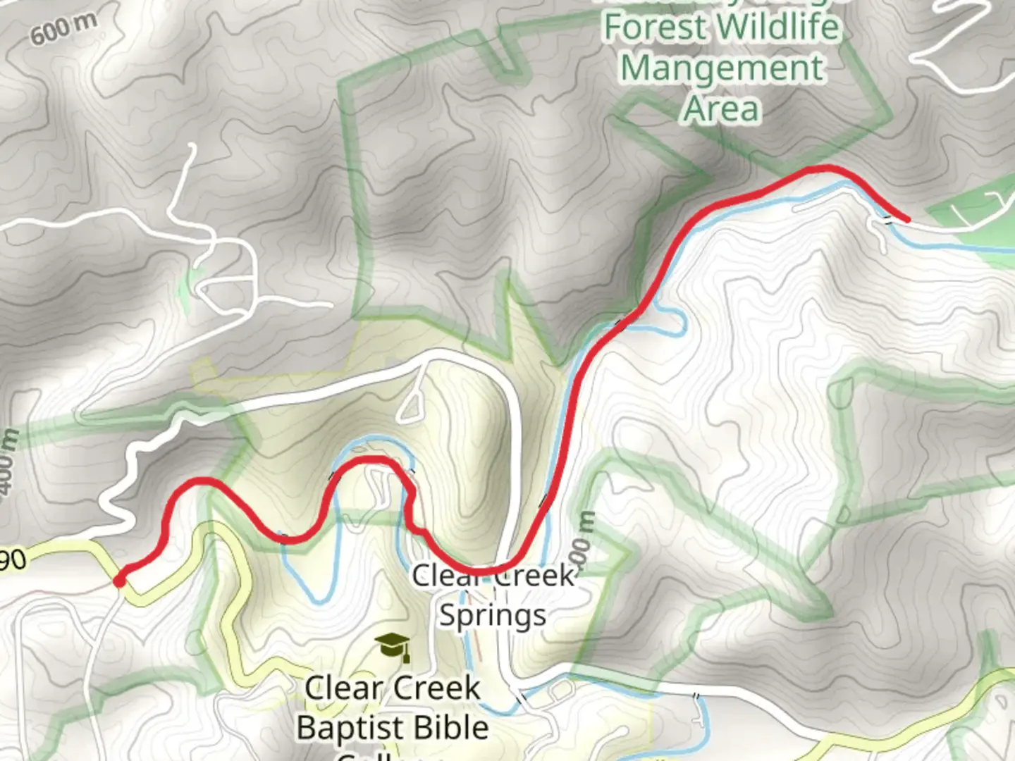 An image depicting the trail Clear Creek Hollow and its surrounding area.