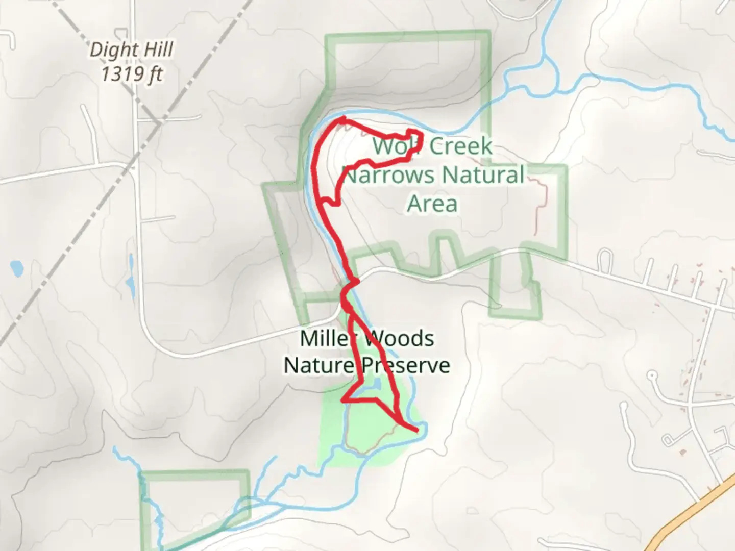 An image depicting the trail Miller Woods Nature Preserve Loop Trail via Wolf Creek and its surrounding area.