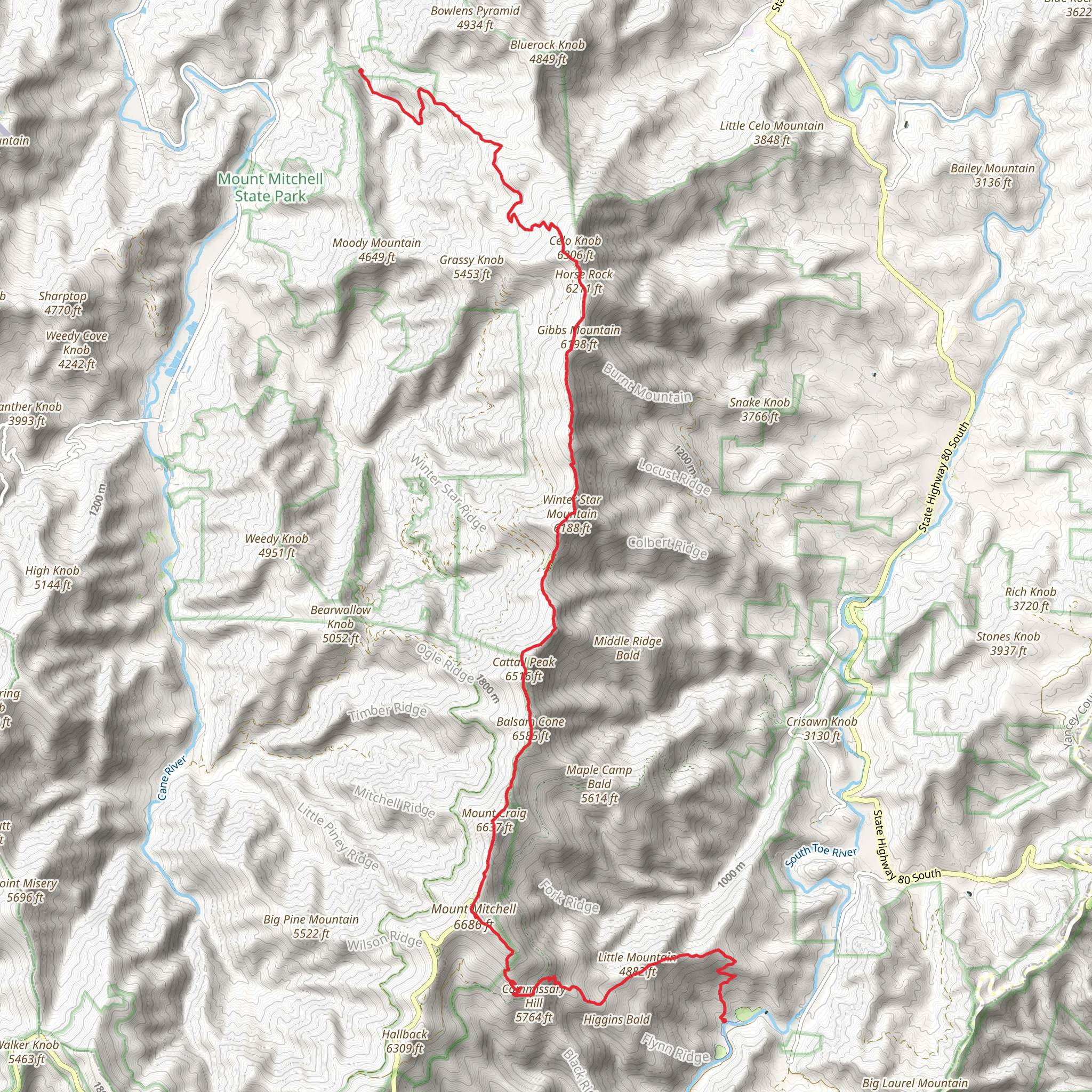 Black Mountain Crest and Mount Mitchell Trail mobile static map