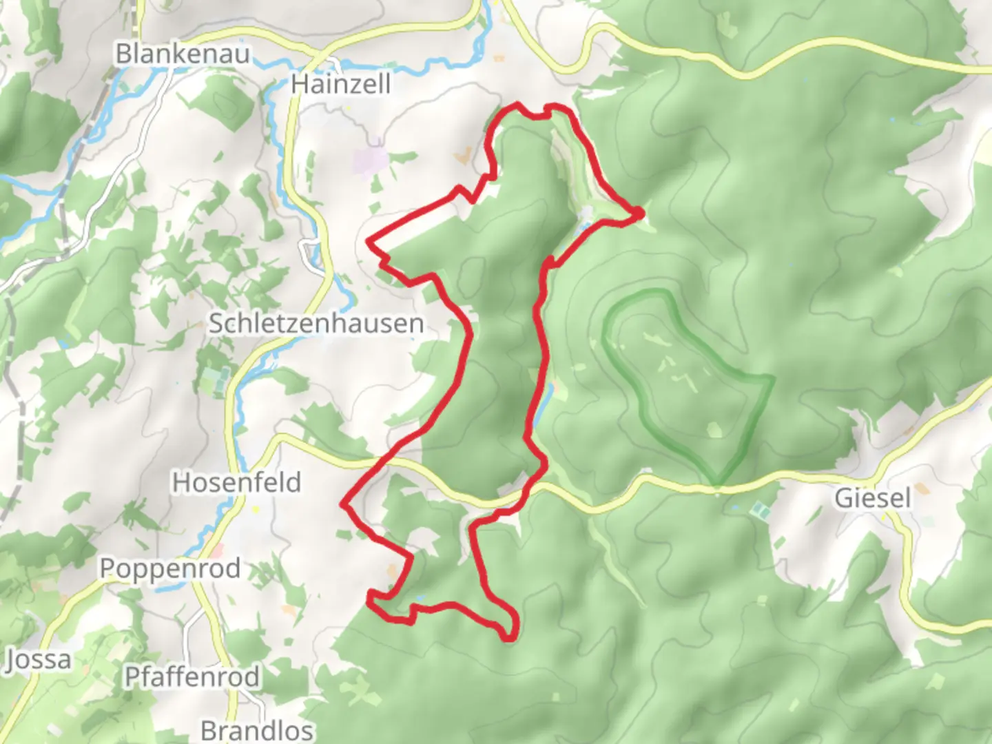 An image depicting the trail Hosenfeld Loop via Sieberzer Berg and its surrounding area.