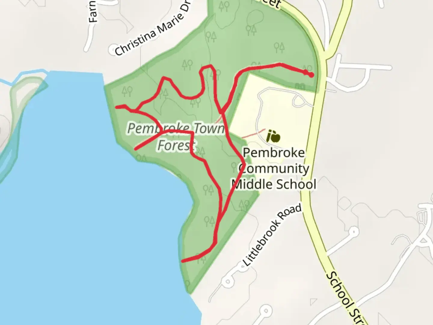 An image depicting the trail Pembroke Town Forest Loop and its surrounding area.