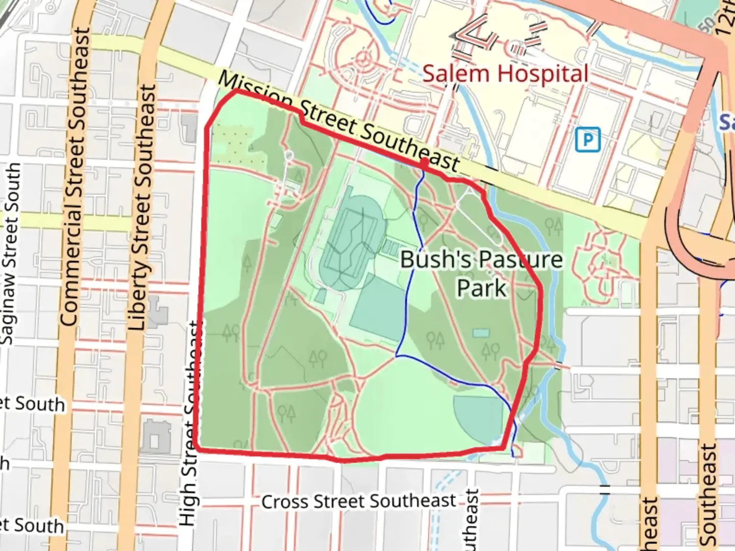 An image depicting the trail Bush's Pasture Park Loop and its surrounding area.