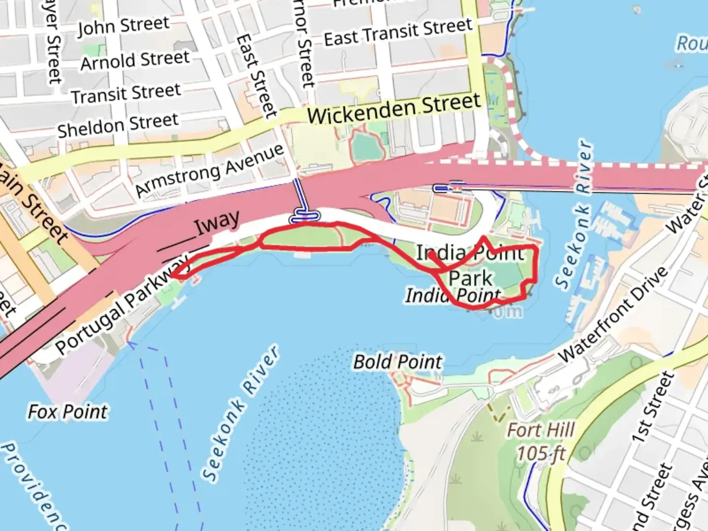 An image depicting the trail Indian Point Park and Seekonk River Walk and its surrounding area.