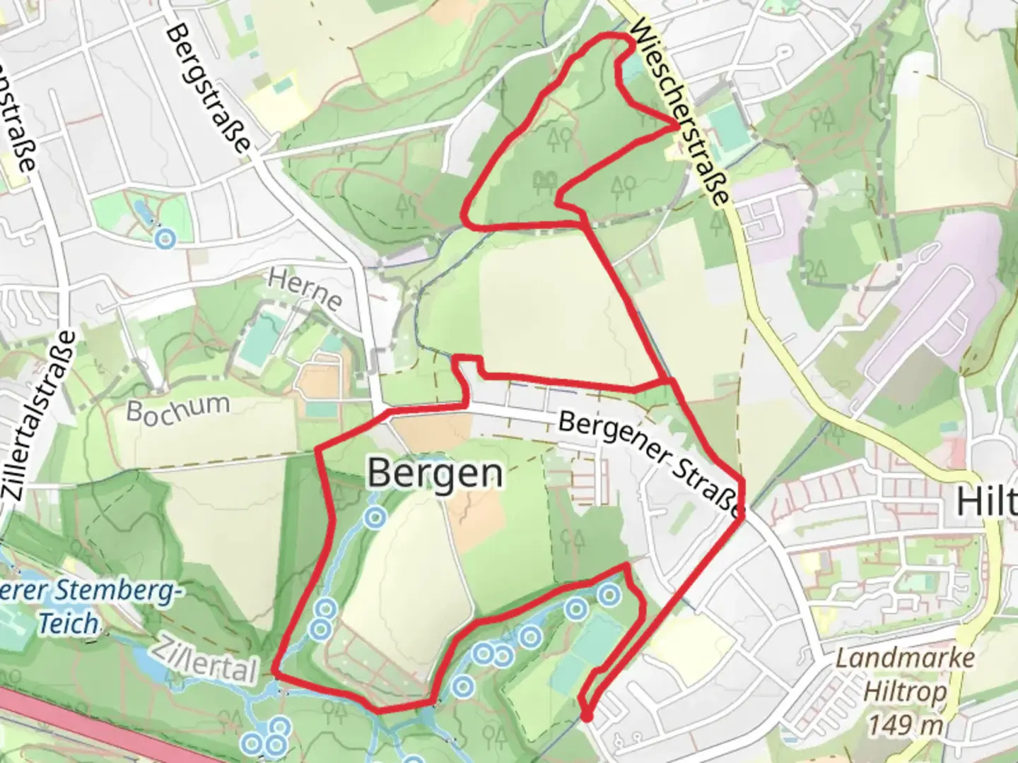 An image depicting the trail Rund um Bochum and Raute Katzenstein Gysenberg Loop and its surrounding area.
