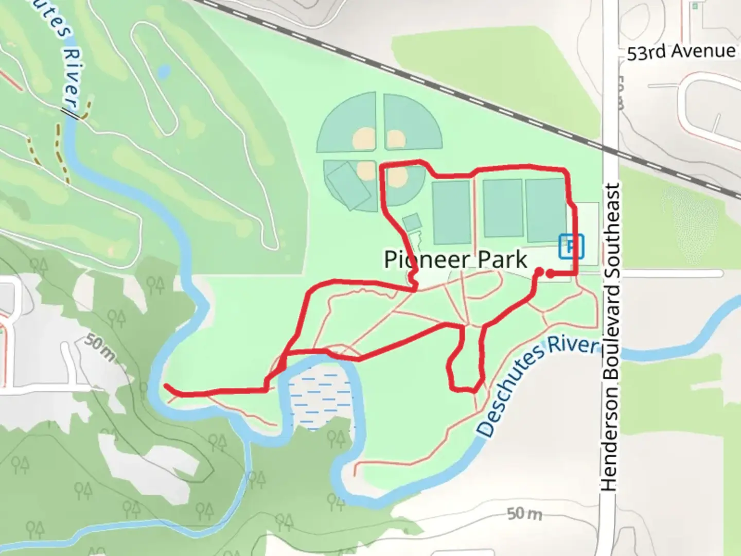 An image depicting the trail Pioneer Park Loop and its surrounding area.