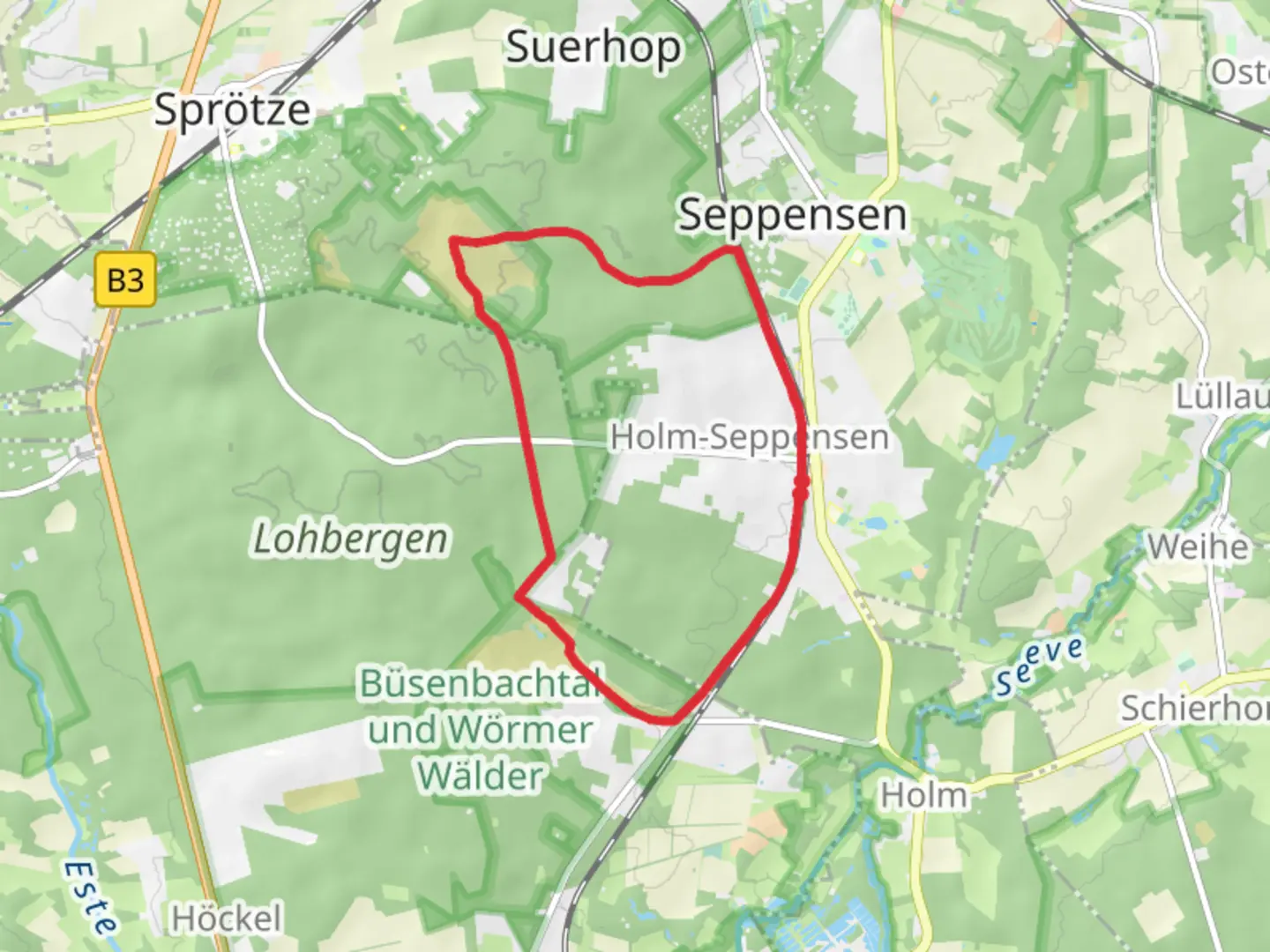 An image depicting the trail Holm Seppensen, NSG Brunsberg and Pferdekopf Loop and its surrounding area.