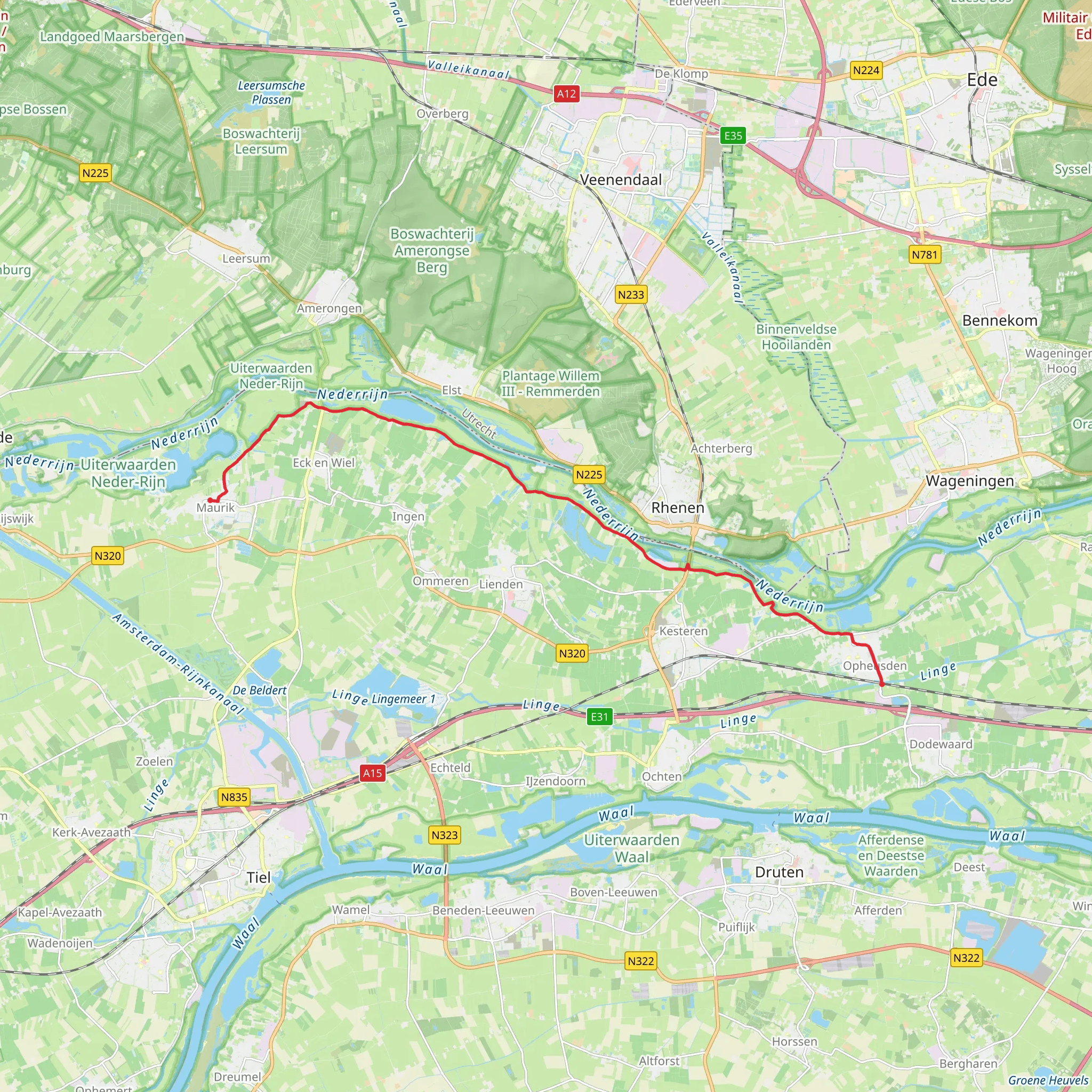 Maurik tio Opheusden via Rijnbandijk and Marsdijk mobile static map