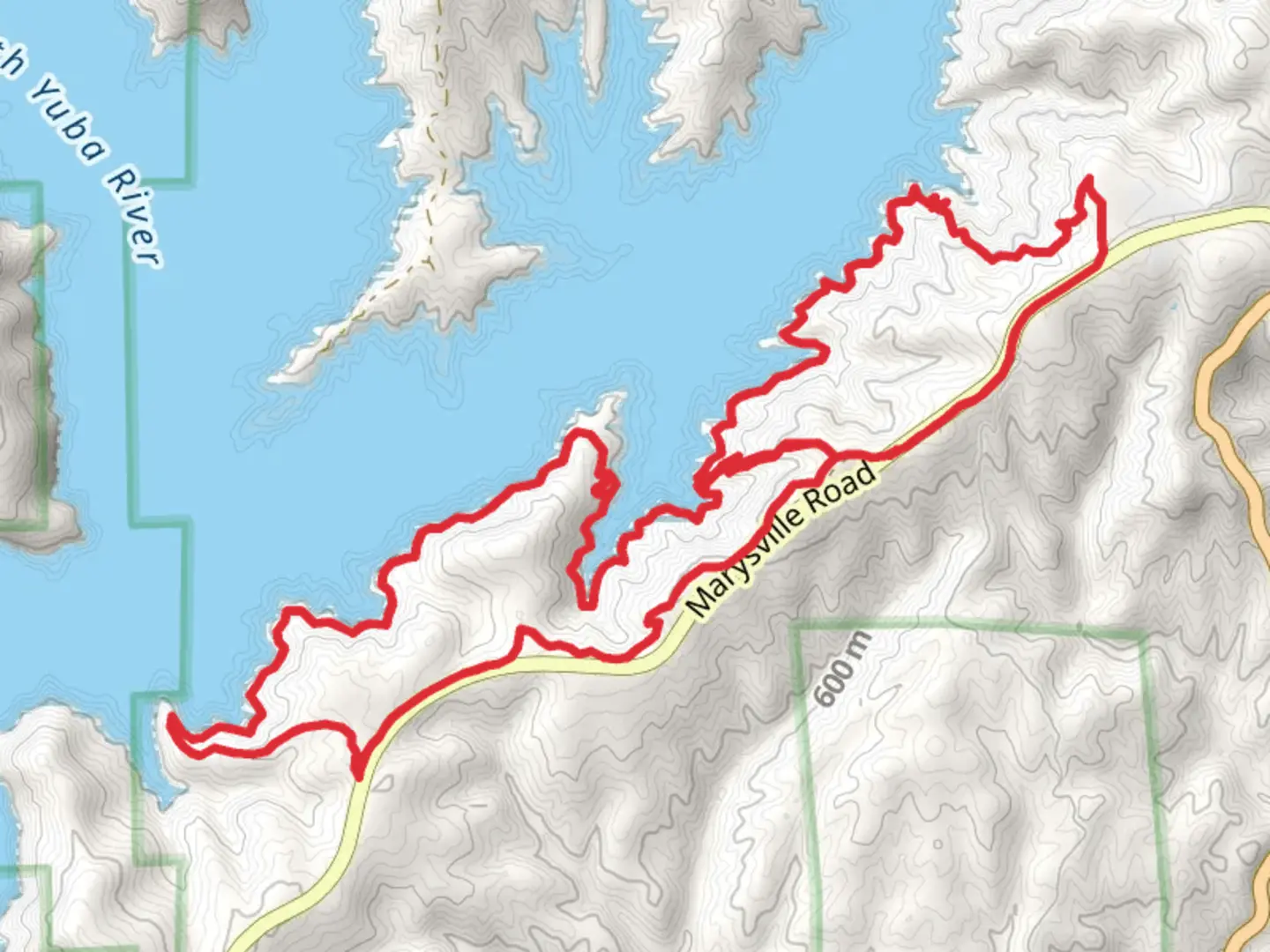 An image depicting the trail Bullards Bar Trail, Schoolhouse Trail and Rebel Ridge Trail Loop and its surrounding area.