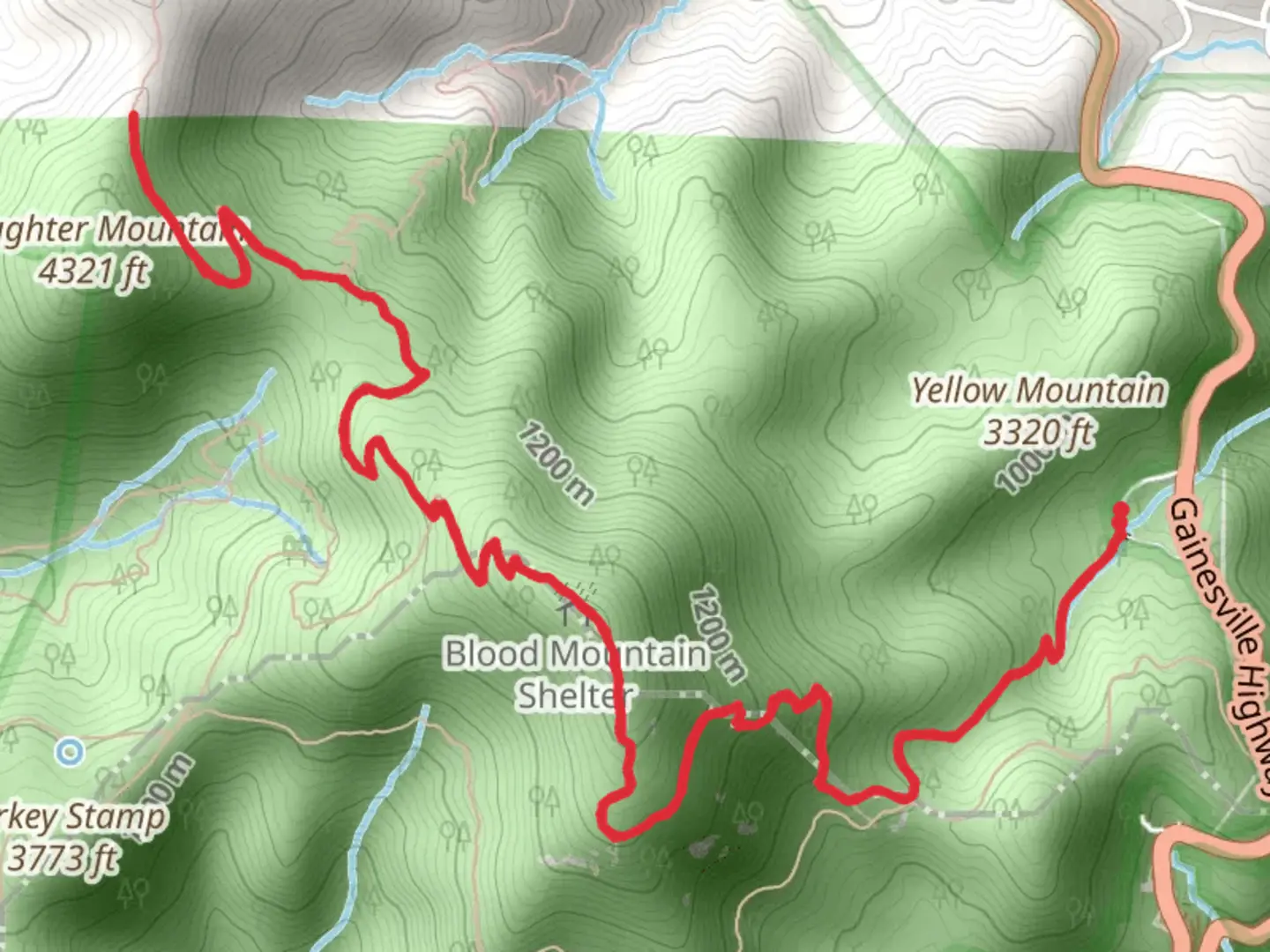 An image depicting the trail Blood Mountain and Duncan Ridge via Byron Herbert Reece and its surrounding area.