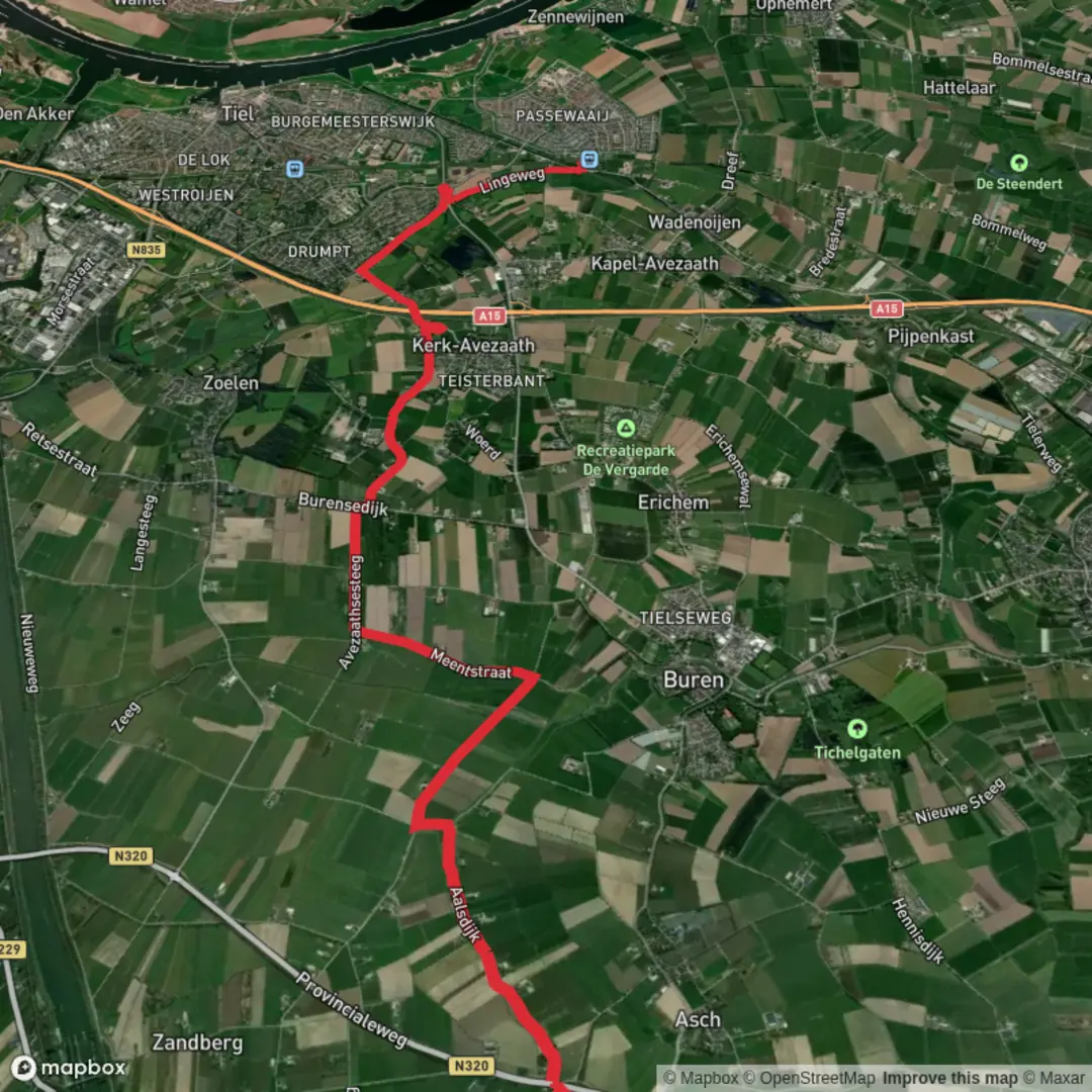 An image depicting the trail Zoelmond to Tiel Rassewaaij via Tielse Weg and Aalsdijk and its surrounding area.