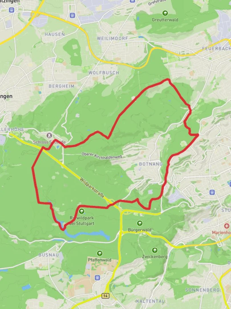 An image depicting the trail Botnang Loop via Barensee - Stuttgart and its surrounding area.
