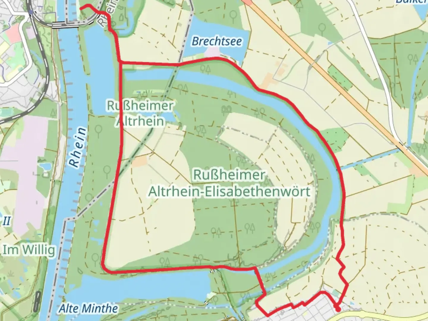 An image depicting the trail Rhein and Saalbachkanal via Rheinauenweg and its surrounding area.