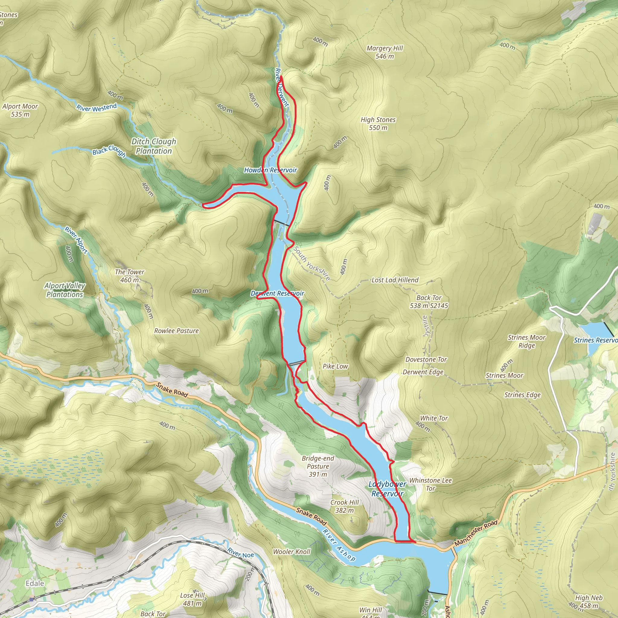 Ladybower and Howden Reservoir Loop mobile static map