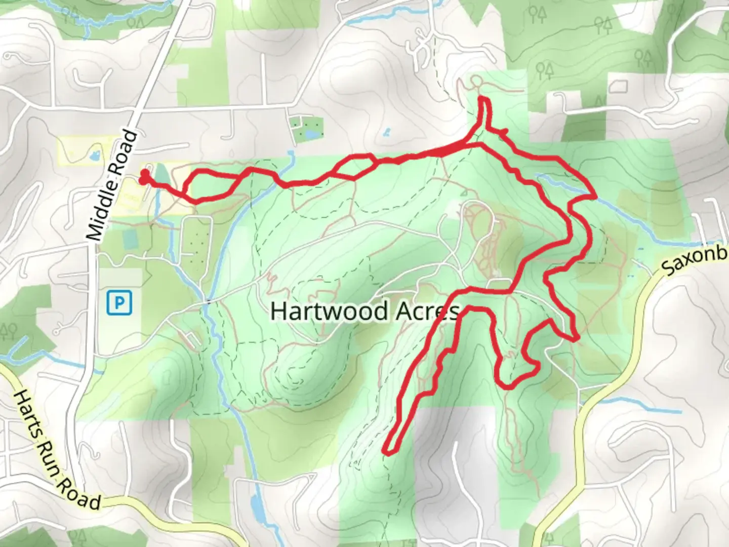 An image depicting the trail Blue Blazed Trail and Purple Blazed Loop and its surrounding area.