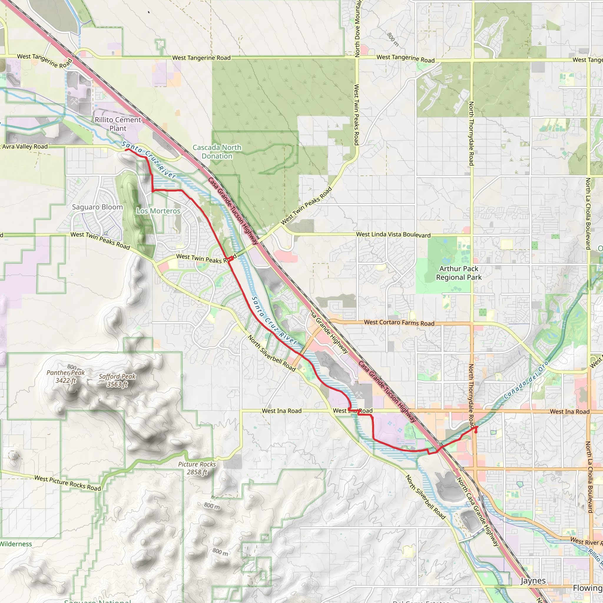 Walk along Santa Cruz River via Cañada del Oro mobile static map