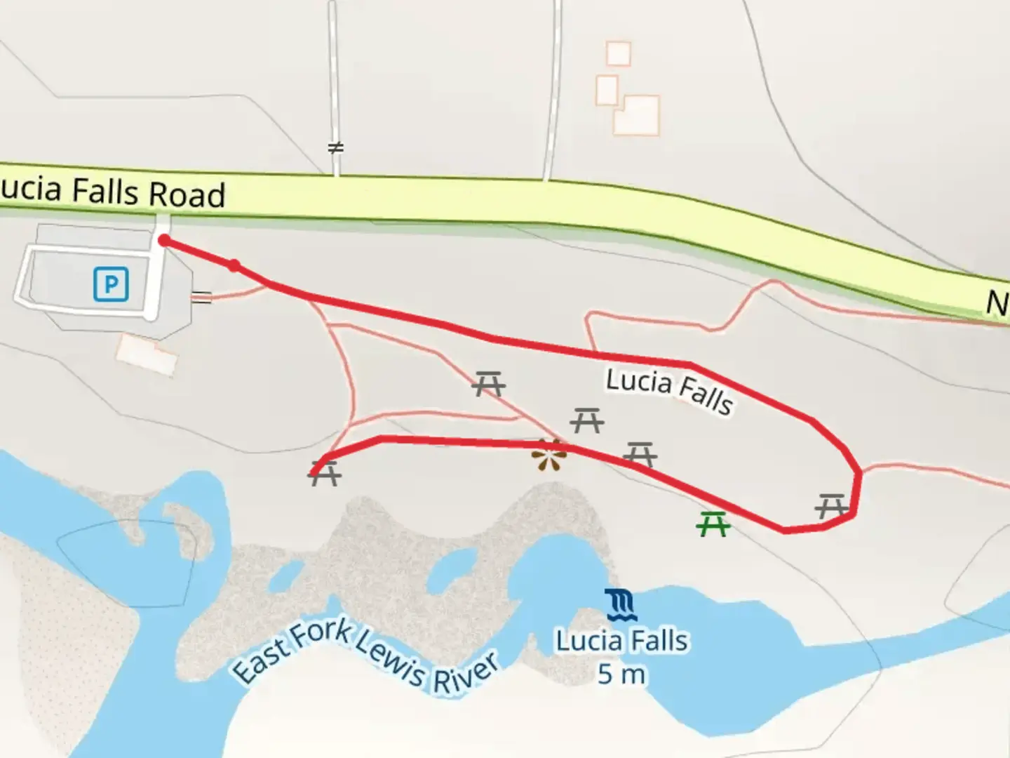 An image depicting the trail Lucia Falls Out and Back and its surrounding area.