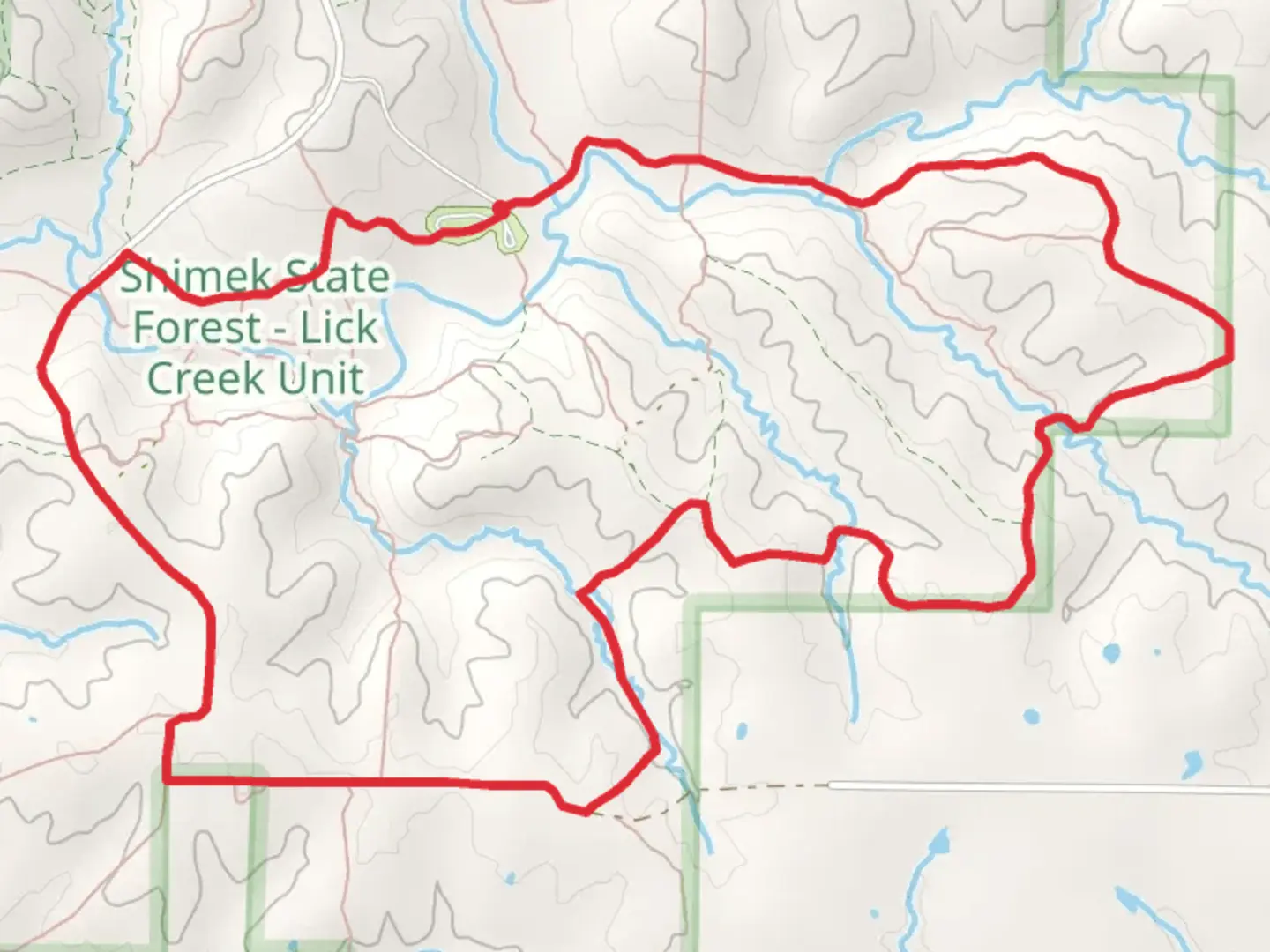An image depicting the trail Loop around Lick Creek and its surrounding area.