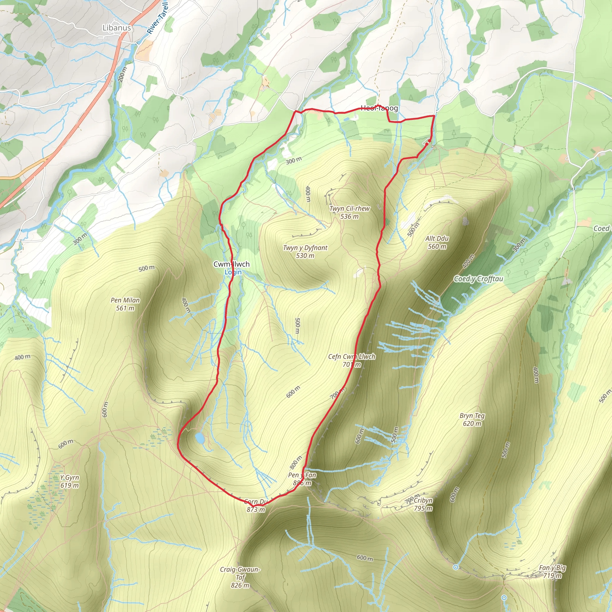 Pen y Fan and Corn Du from Cwmgwdi mobile static map