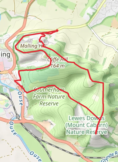 Hike on Mount Caburn, Oxteddle Bottom and Malling Down Nature Reserve Loop mobile static map