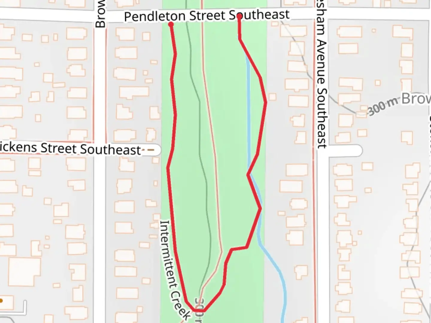 An image depicting the trail Brownwood Park and Intermittent Creek Loop and its surrounding area.
