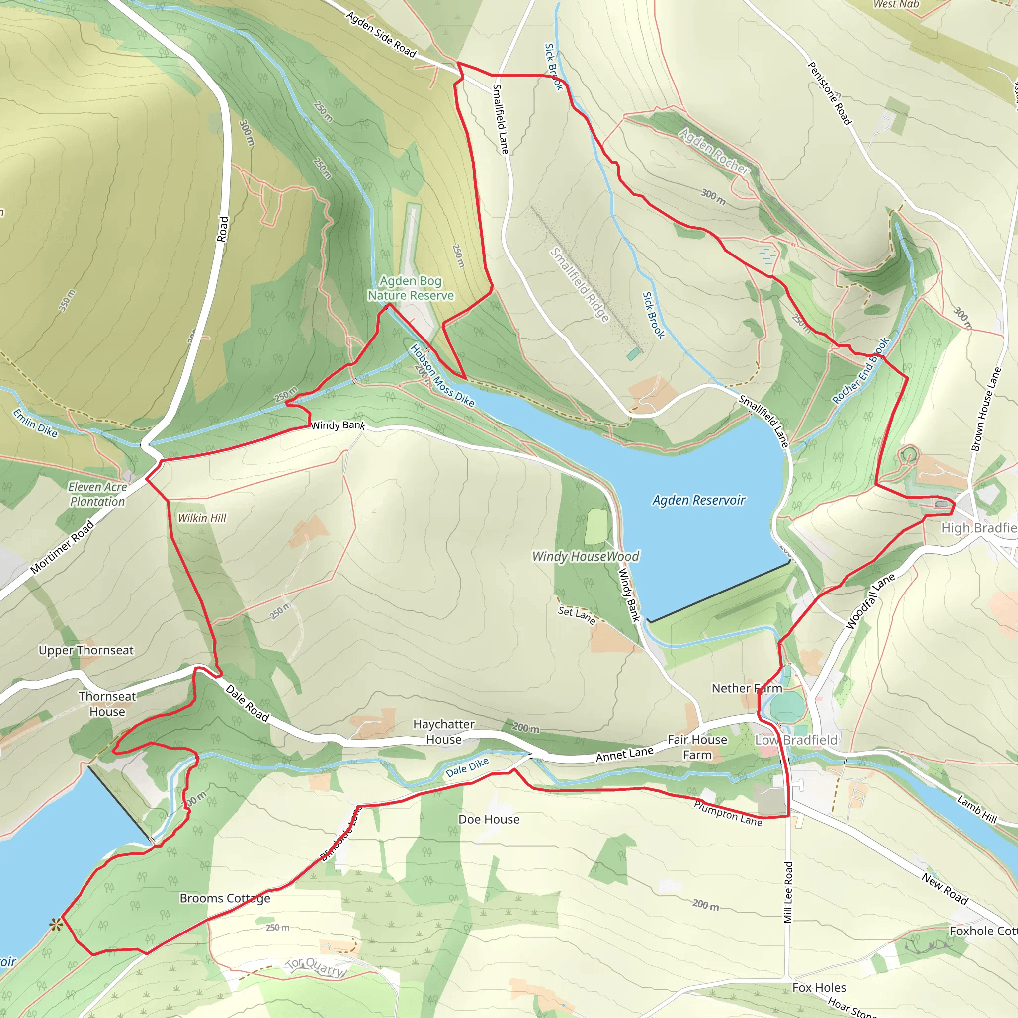 Low Bradfield and Dale Dyke from Agden Reservoir mobile static map