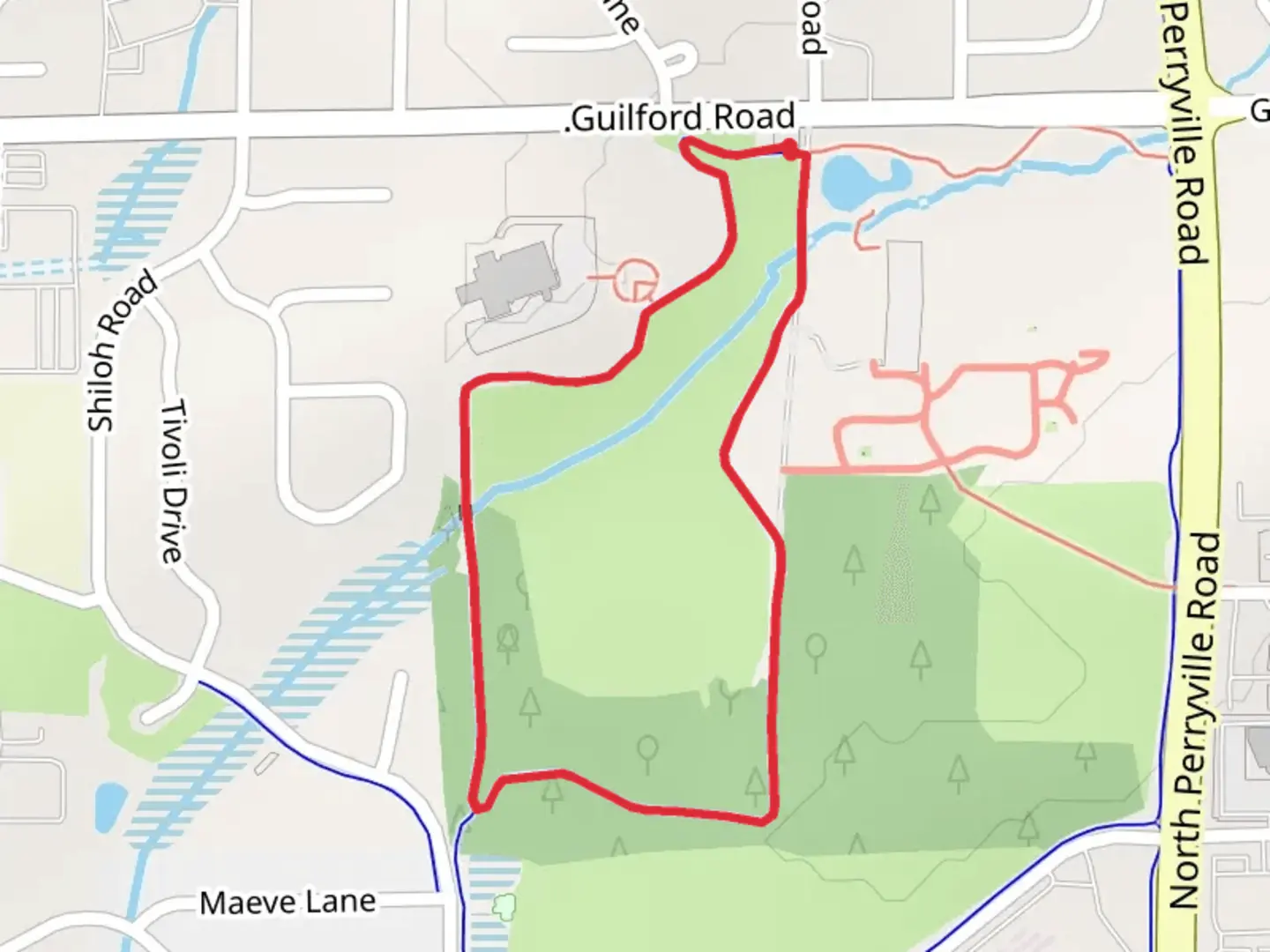 An image depicting the trail Guilford County Forest Preserve Loop and its surrounding area.
