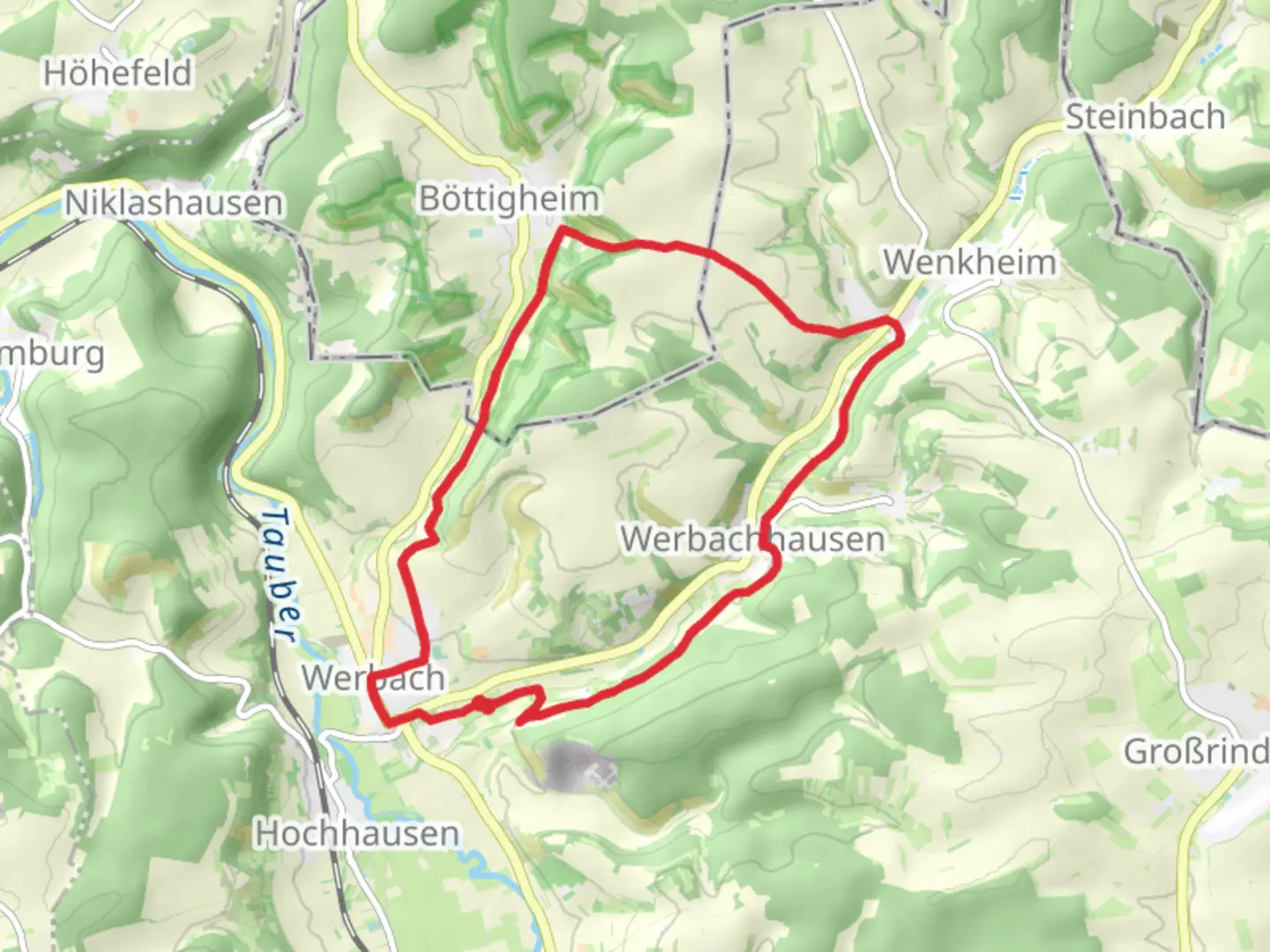 An image depicting the trail Winterleitenweg and Jakobsweg Main-Taubertal and its surrounding area.